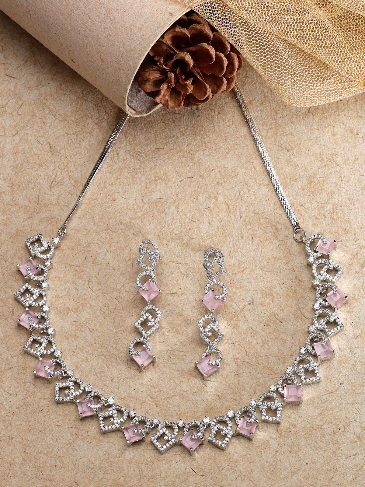 Sukkhi Charming Rhodium Plated Cubic Zirconia Stone Studded Pink Choker Necklace Set with Dangler Earrings Jewellery Set for Women & Girls|Set of 1|NS106839