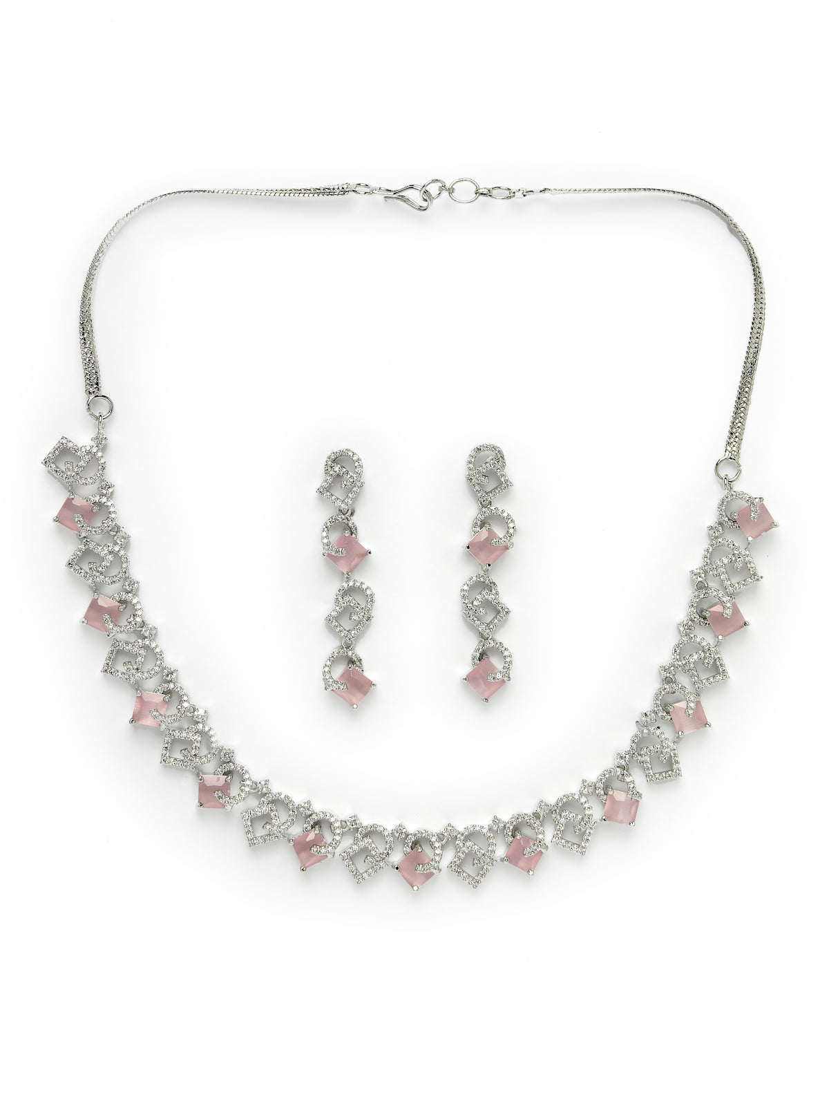 Sukkhi Charming Rhodium Plated Cubic Zirconia Stone Studded Pink Choker Necklace Set with Dangler Earrings Jewellery Set for Women & Girls|Set of 1|NS106839