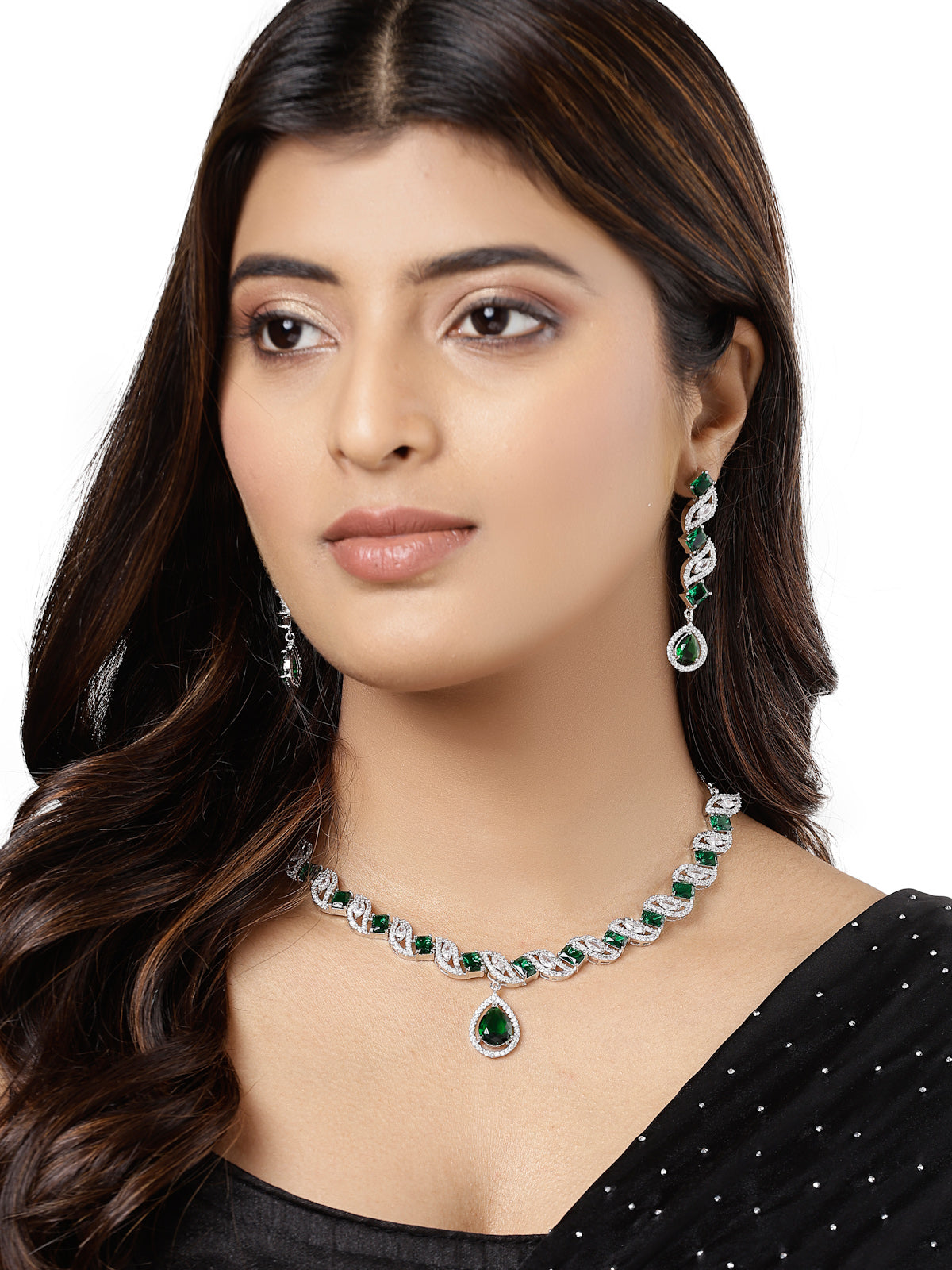 Sukkhi Beautiful Rhodium Plated Drop Shaped Cubic Zirconia Stone Studded Silver Green Choker Necklace Set with Dangler Earrings Jewellery Set for Women & Girls|Set of 1|NS106840