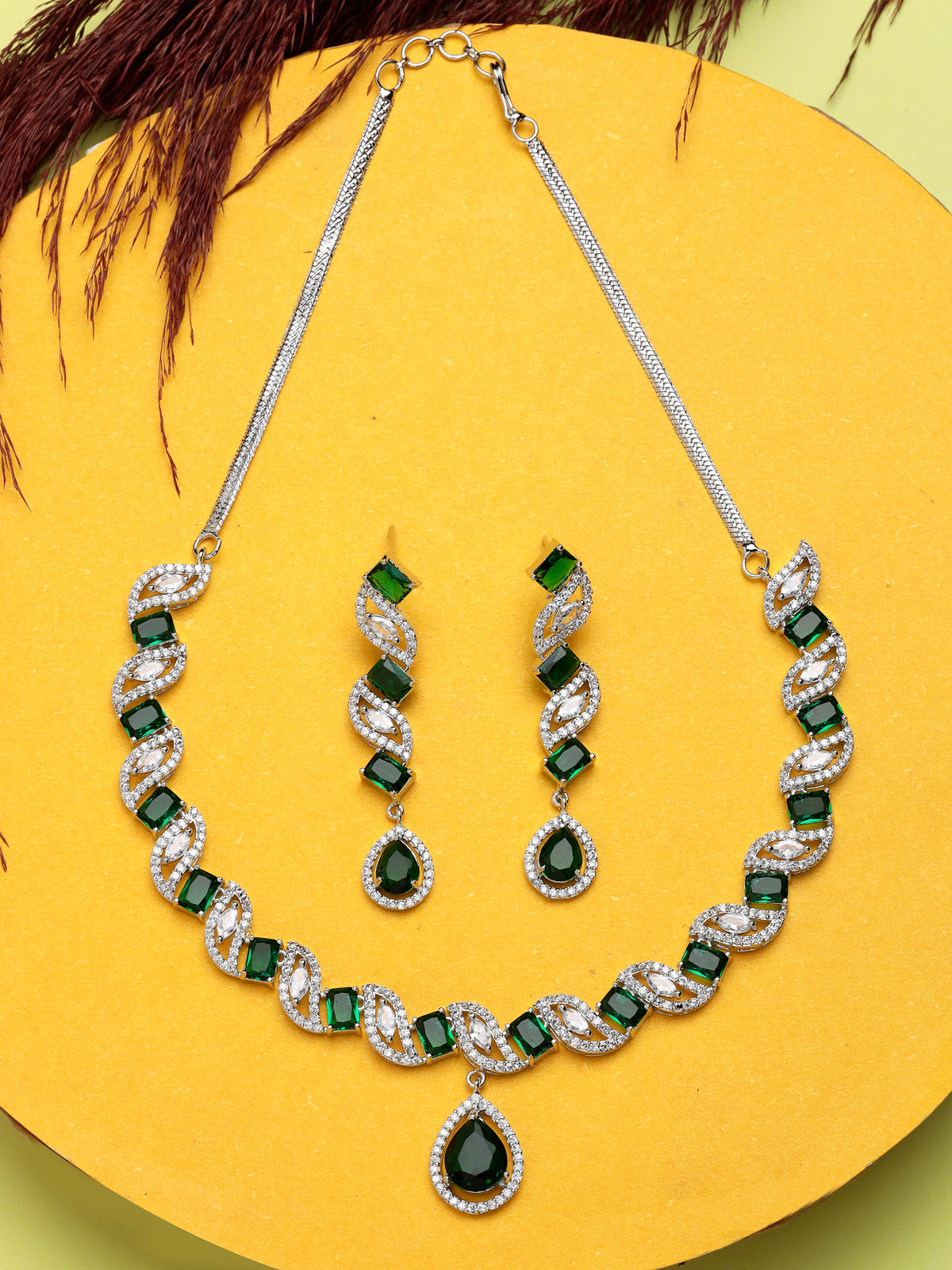 Sukkhi Beautiful Rhodium Plated Drop Shaped Cubic Zirconia Stone Studded Silver Green Choker Necklace Set with Dangler Earrings Jewellery Set for Women & Girls|Set of 1|NS106840