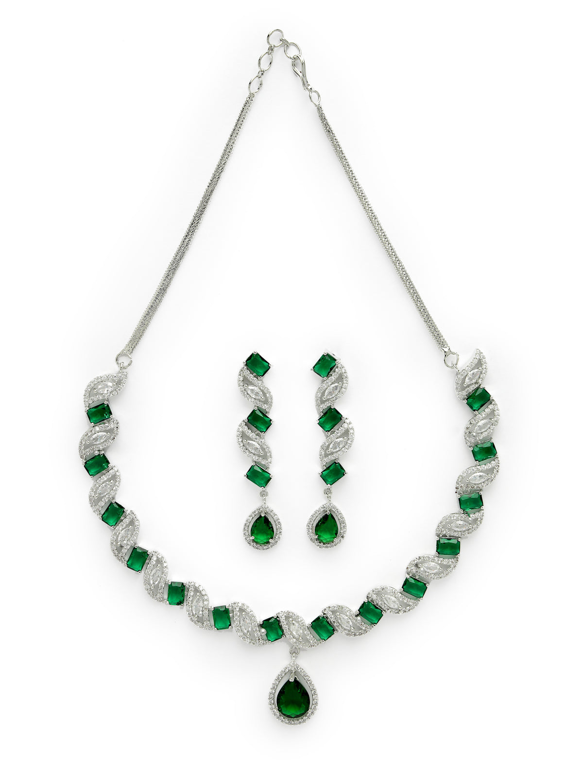 Sukkhi Beautiful Rhodium Plated Drop Shaped Cubic Zirconia Stone Studded Silver Green Choker Necklace Set with Dangler Earrings Jewellery Set for Women & Girls|Set of 1|NS106840