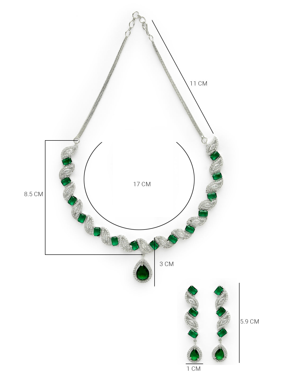 Sukkhi Beautiful Rhodium Plated Drop Shaped Cubic Zirconia Stone Studded Silver Green Choker Necklace Set with Dangler Earrings Jewellery Set for Women & Girls|Set of 1|NS106840