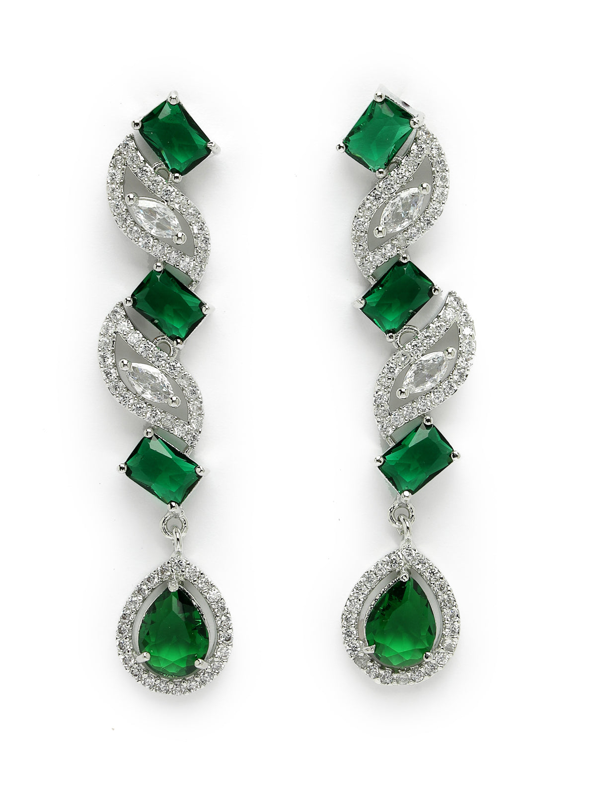 Sukkhi Beautiful Rhodium Plated Drop Shaped Cubic Zirconia Stone Studded Silver Green Choker Necklace Set with Dangler Earrings Jewellery Set for Women & Girls|Set of 1|NS106840