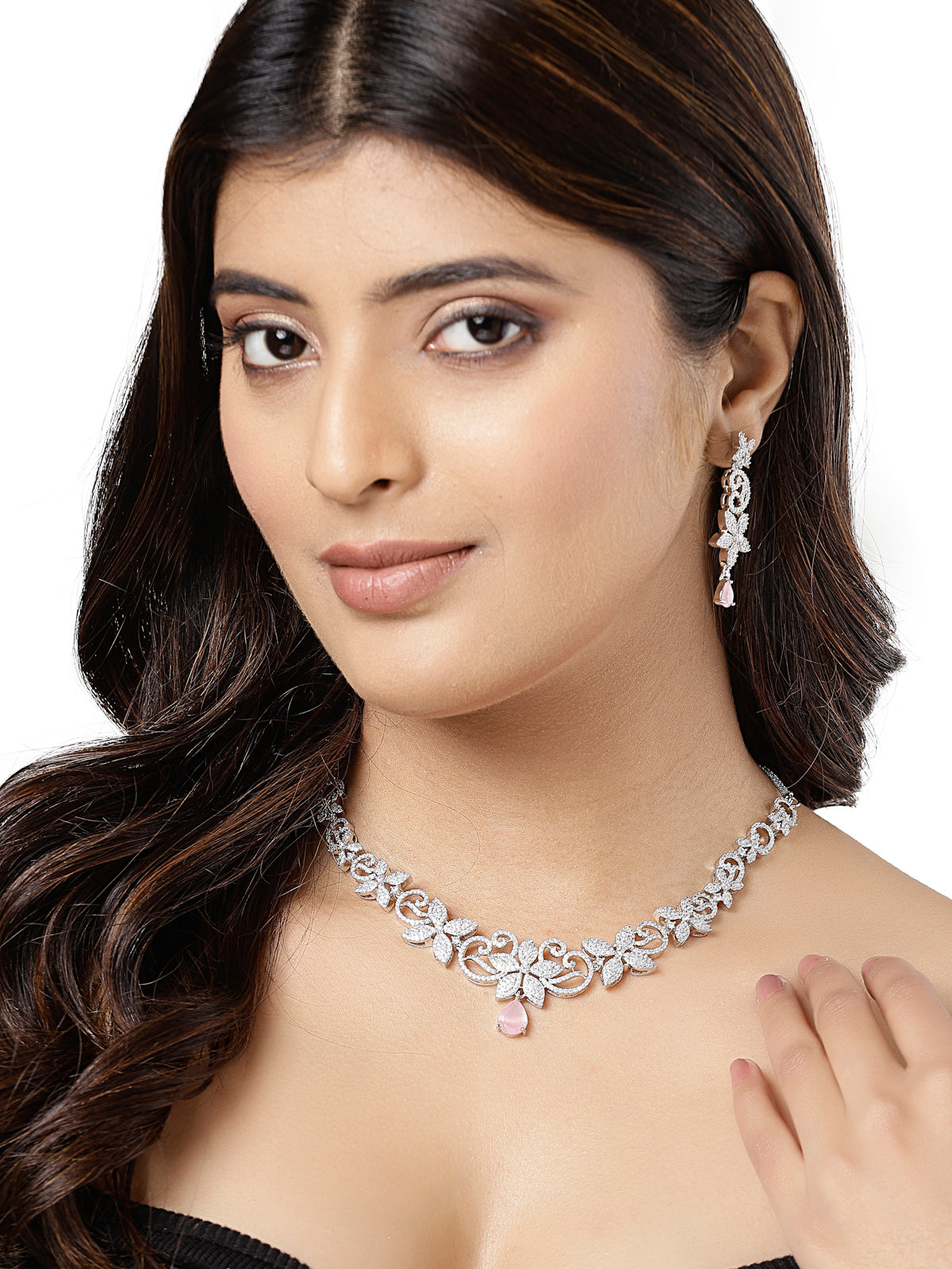 Sukkhi Glamorous Rhodium Plated Floral Shaped Cubic Zirconia Stones Studded Silver Pink Choker Necklace Set with Dangler Earrings Jewellery Set for Women & Girls|Set of 1|NS106841