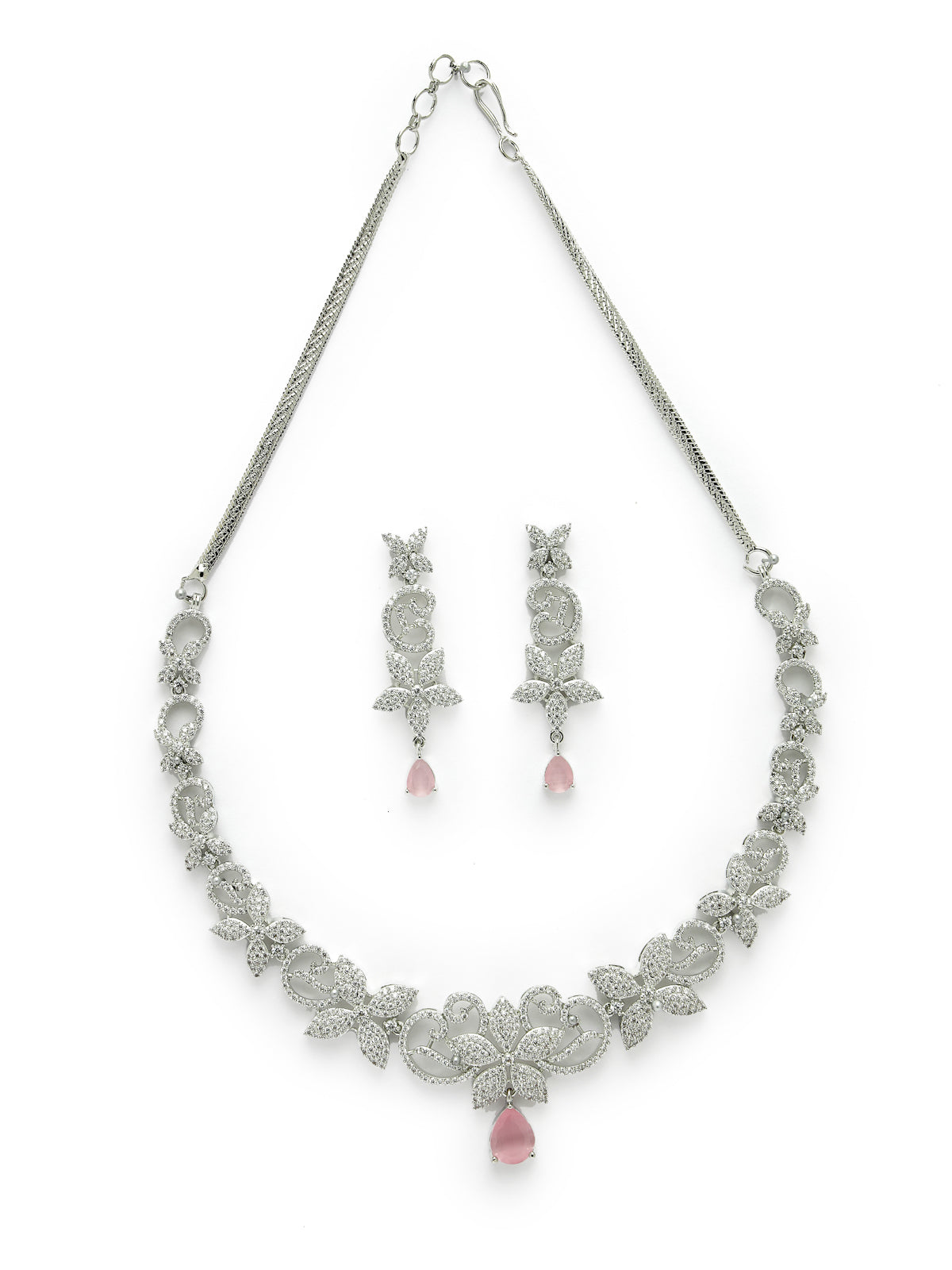 Sukkhi Glamorous Rhodium Plated Floral Shaped Cubic Zirconia Stones Studded Silver Pink Choker Necklace Set with Dangler Earrings Jewellery Set for Women & Girls|Set of 1|NS106841