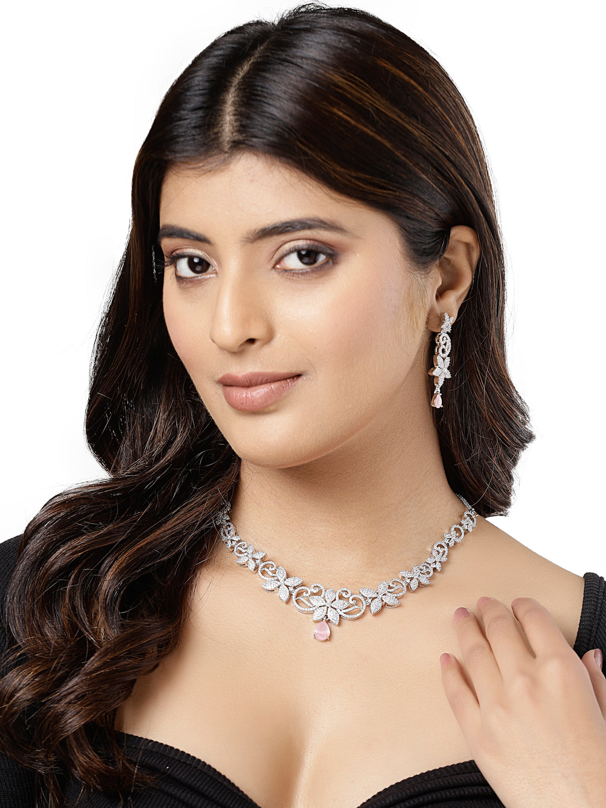 Sukkhi Glamorous Rhodium Plated Floral Shaped Cubic Zirconia Stones Studded Silver Pink Choker Necklace Set with Dangler Earrings Jewellery Set for Women & Girls|Set of 1|NS106841