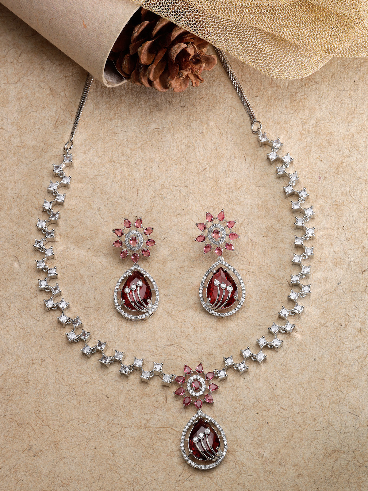 Sukkhi Fashionable Rhodium Plated Floral Shaped With Cubic Zirconia & Ruby Stones Studded Silver Red Choker Necklace Set with Dangler Earrings Jewellery Set for Women & Girls|Set of 1|NS106842