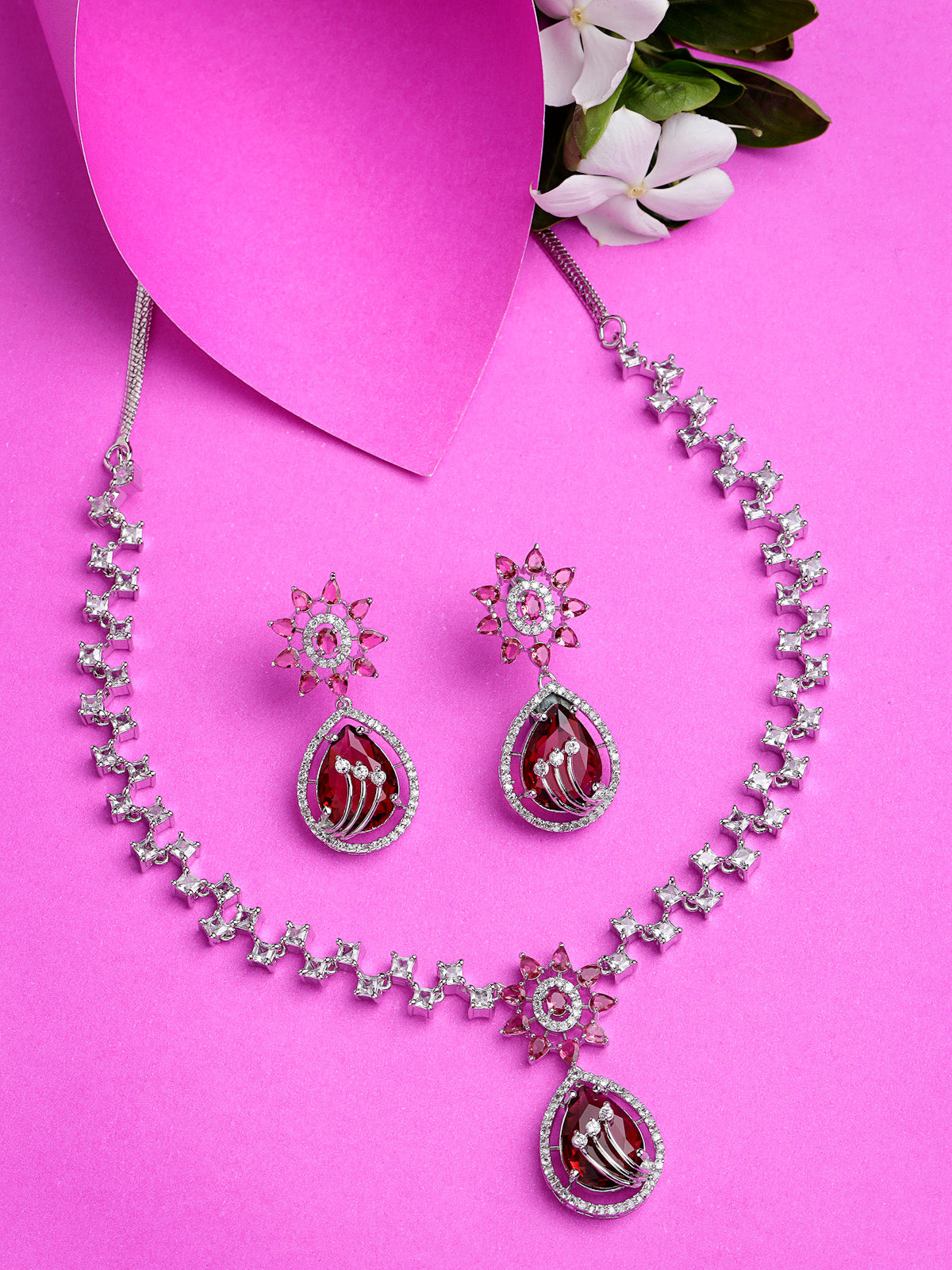 Sukkhi Fashionable Rhodium Plated Floral Shaped With Cubic Zirconia & Ruby Stones Studded Silver Red Choker Necklace Set with Dangler Earrings Jewellery Set for Women & Girls|Set of 1|NS106842
