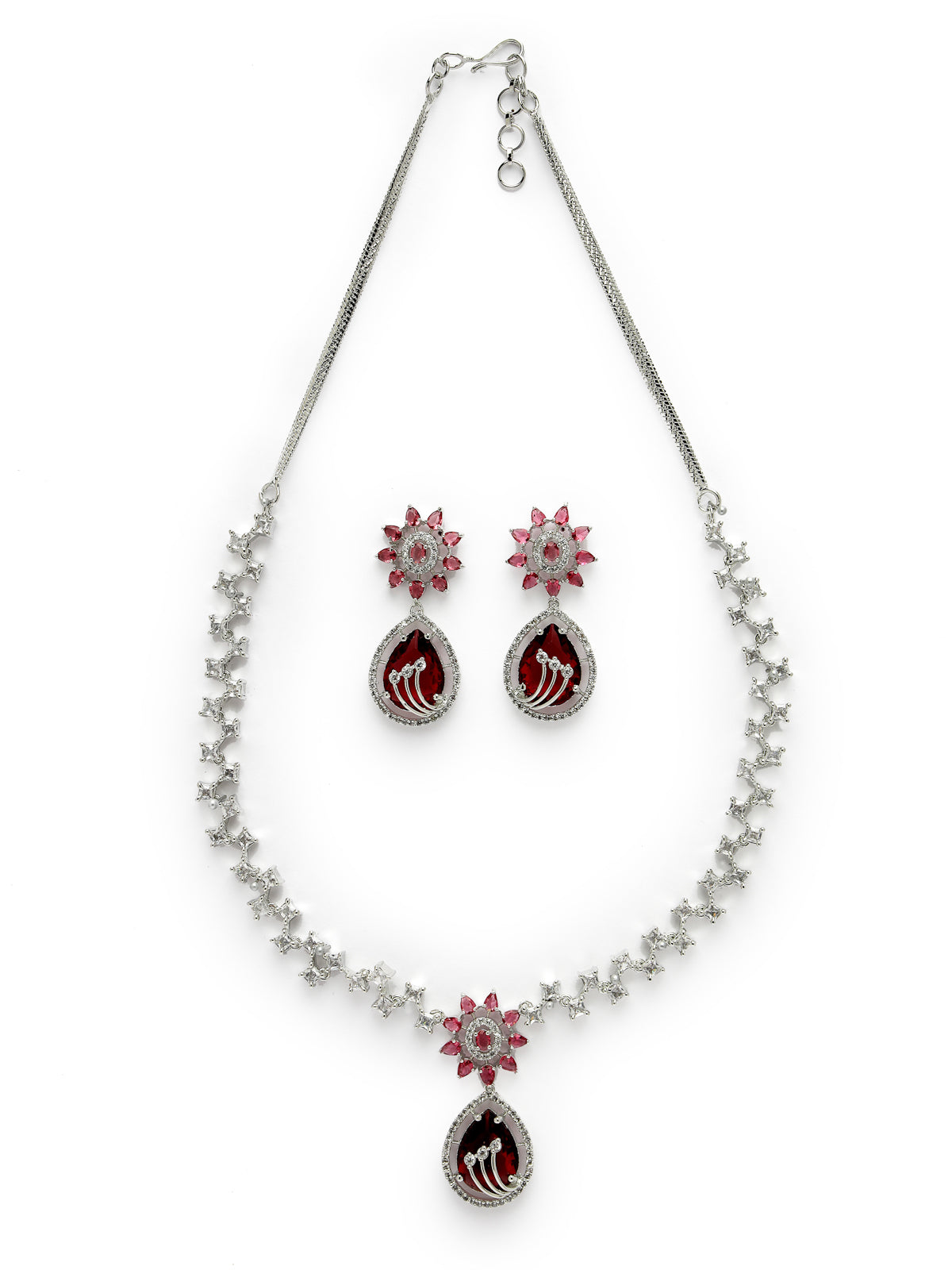 Sukkhi Fashionable Rhodium Plated Floral Shaped With Cubic Zirconia & Ruby Stones Studded Silver Red Choker Necklace Set with Dangler Earrings Jewellery Set for Women & Girls|Set of 1|NS106842