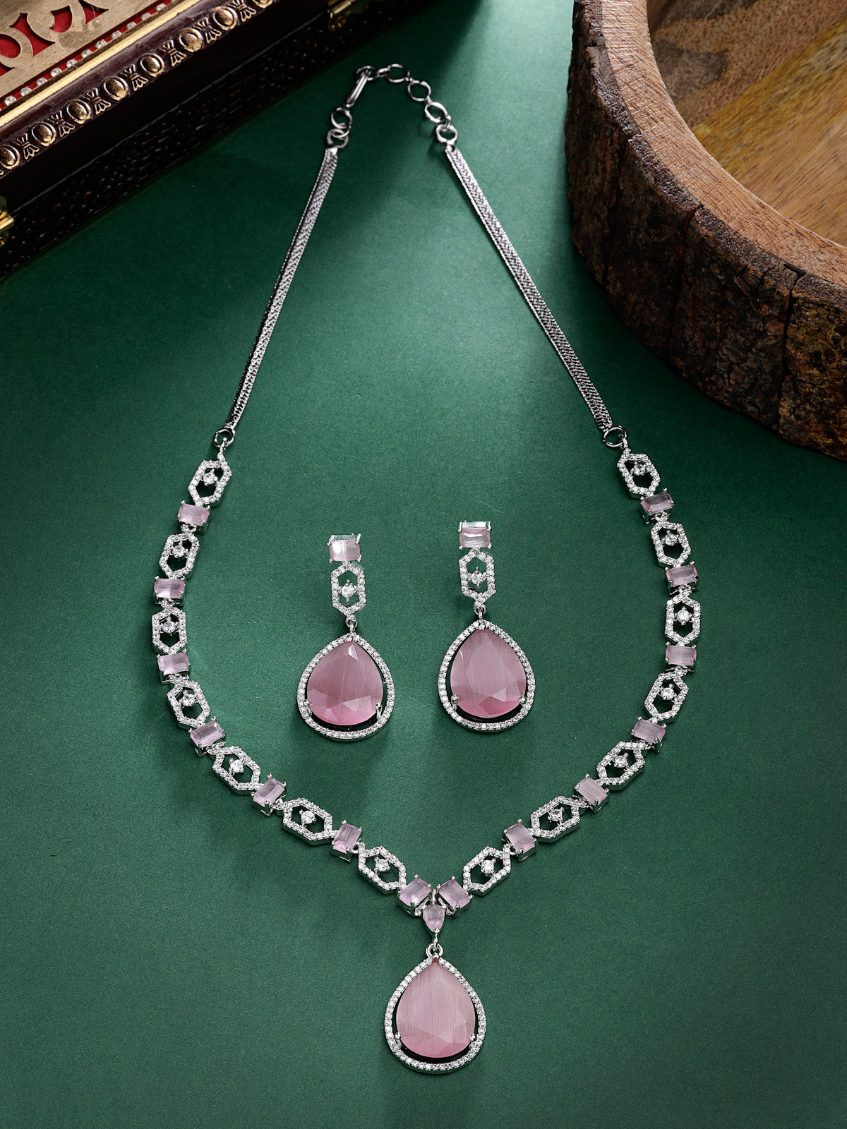 Sukkhi Elegant Rhodium Plated Drop Shaped Cubic Zirconia Stones Studded Silver Pink Choker Necklace Set with Dangler Earrings Jewellery Set for Women & Girls|Set of 1|NS106843
