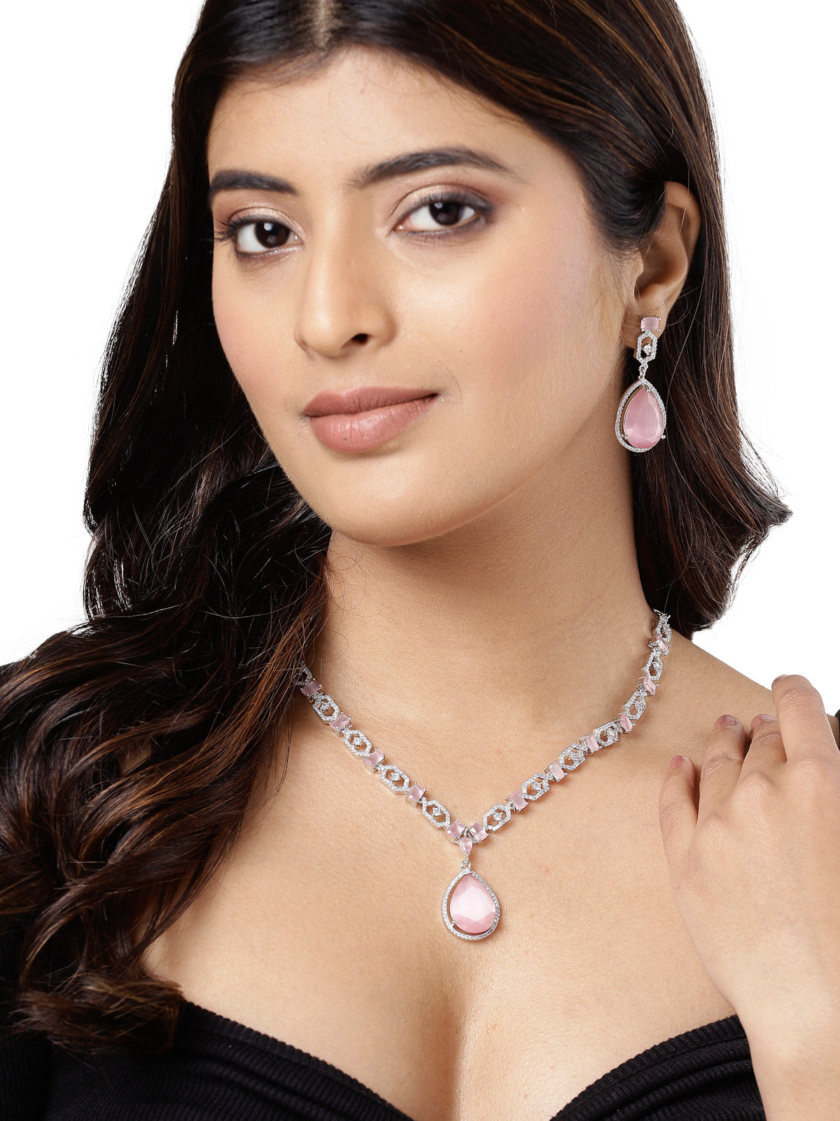 Sukkhi Elegant Rhodium Plated Drop Shaped Cubic Zirconia Stones Studded Silver Pink Choker Necklace Set with Dangler Earrings Jewellery Set for Women & Girls|Set of 1|NS106843