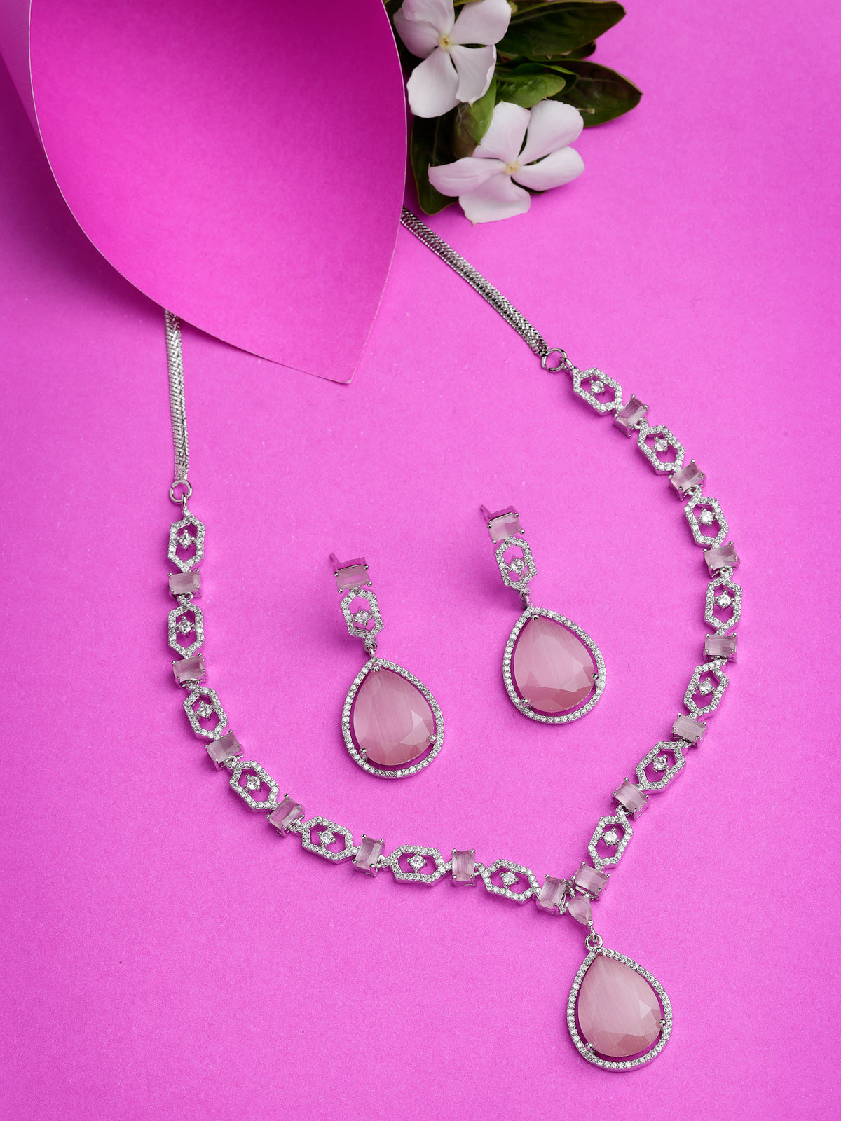Sukkhi Elegant Rhodium Plated Drop Shaped Cubic Zirconia Stones Studded Silver Pink Choker Necklace Set with Dangler Earrings Jewellery Set for Women & Girls|Set of 1|NS106843
