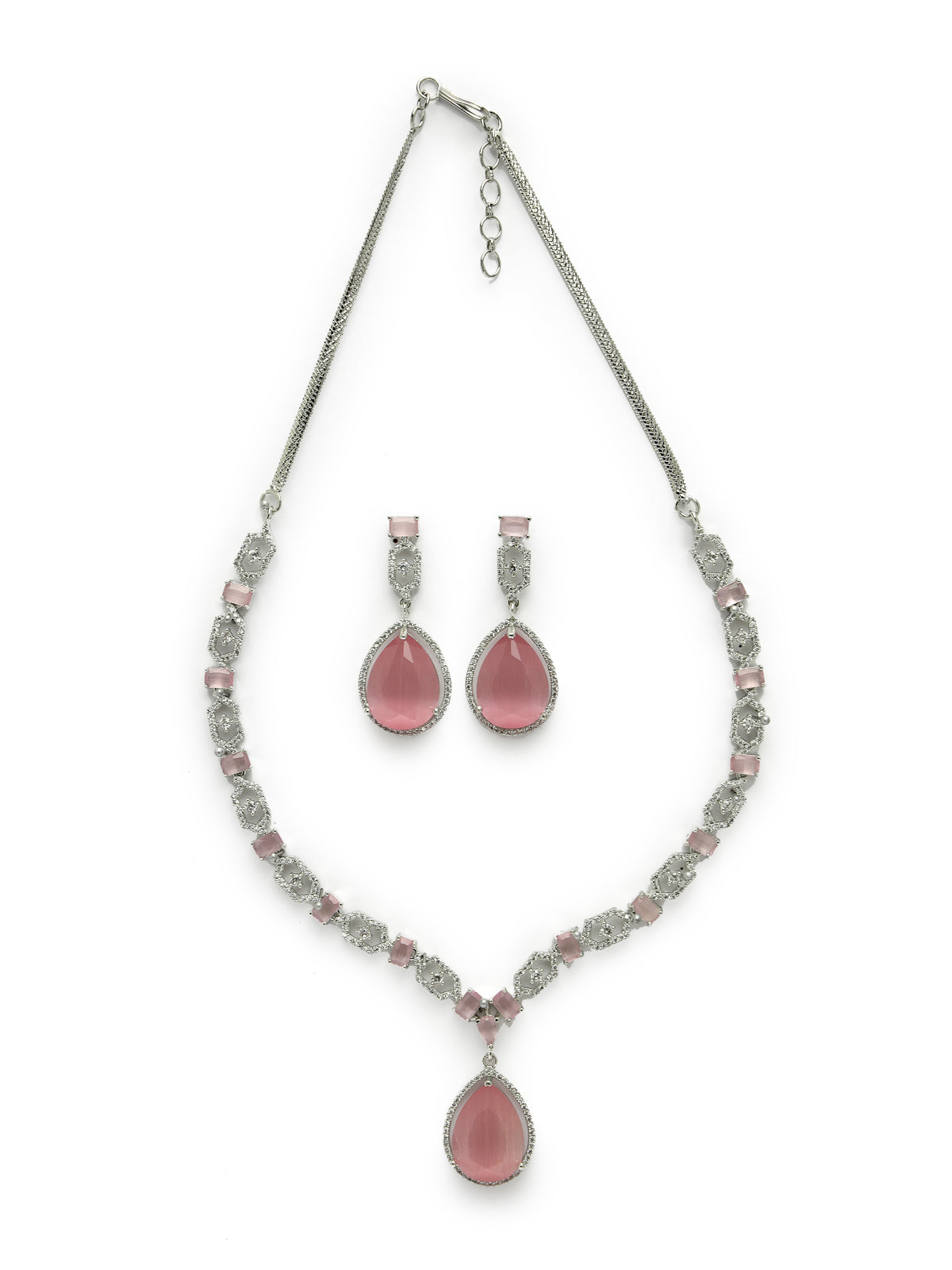 Sukkhi Elegant Rhodium Plated Drop Shaped Cubic Zirconia Stones Studded Silver Pink Choker Necklace Set with Dangler Earrings Jewellery Set for Women & Girls|Set of 1|NS106843
