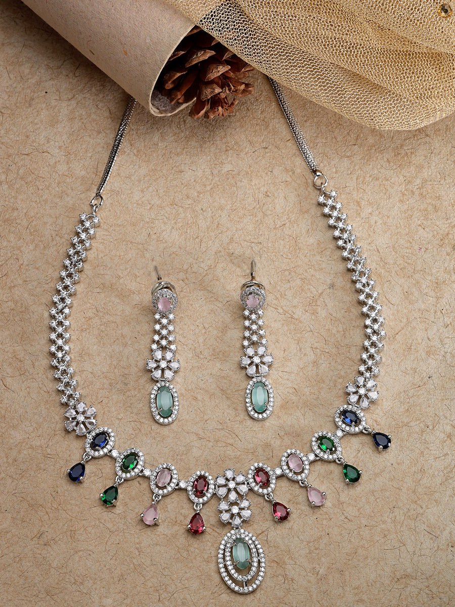 Sukkhi Decorative Rhodium Plated Oval & Drop Shaped Cubic Zirconia Stones Studded Silver Multicolor Choker Necklace Set & Dangler Earrings Jewellery Set for Women & Girls|Set of 1|NS106844