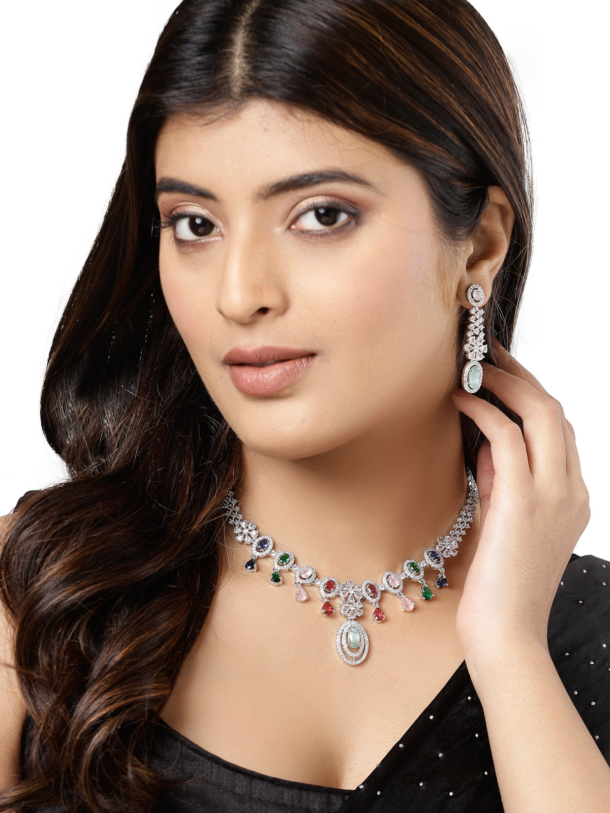 Sukkhi Decorative Rhodium Plated Oval & Drop Shaped Cubic Zirconia Stones Studded Silver Multicolor Choker Necklace Set & Dangler Earrings Jewellery Set for Women & Girls|Set of 1|NS106844