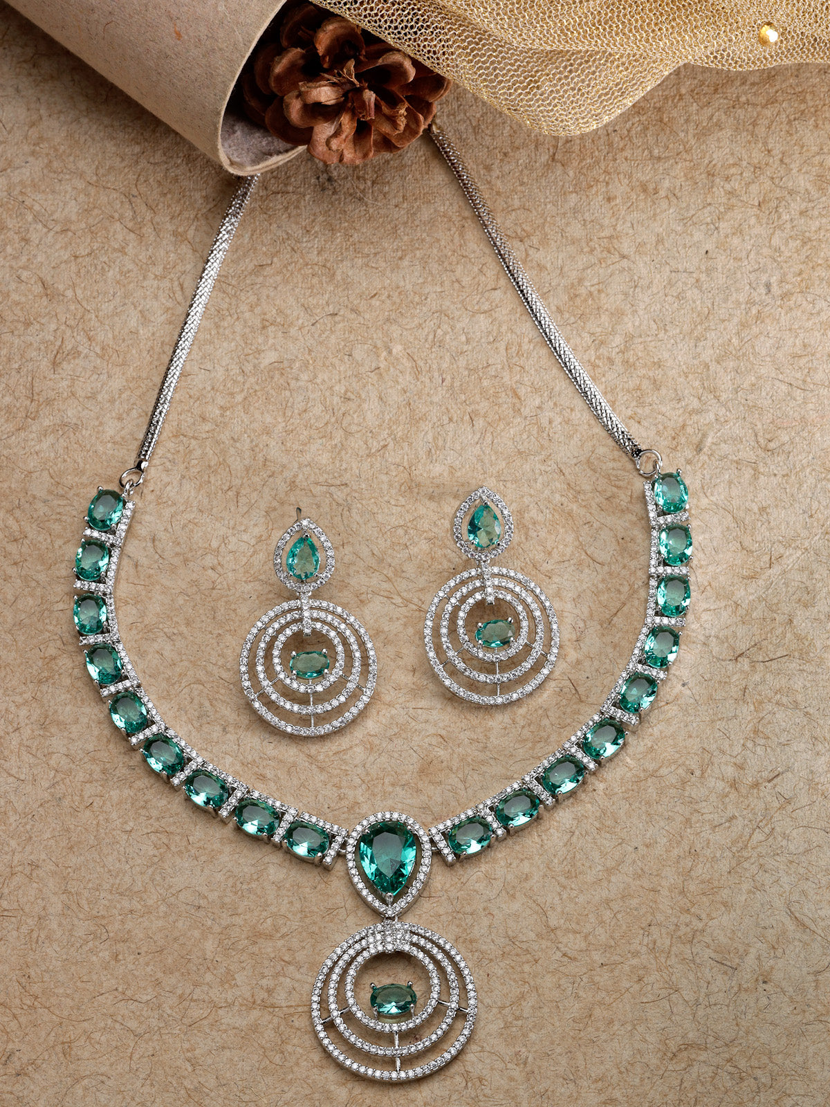 Sukkhi Sparkling Rhodium Plated Cubic Zirconia Diamond Studded Silver Green Choker Necklace Set with Dangler Earrings Jewellery Set for Women & Girls|Set of 1|NS106847