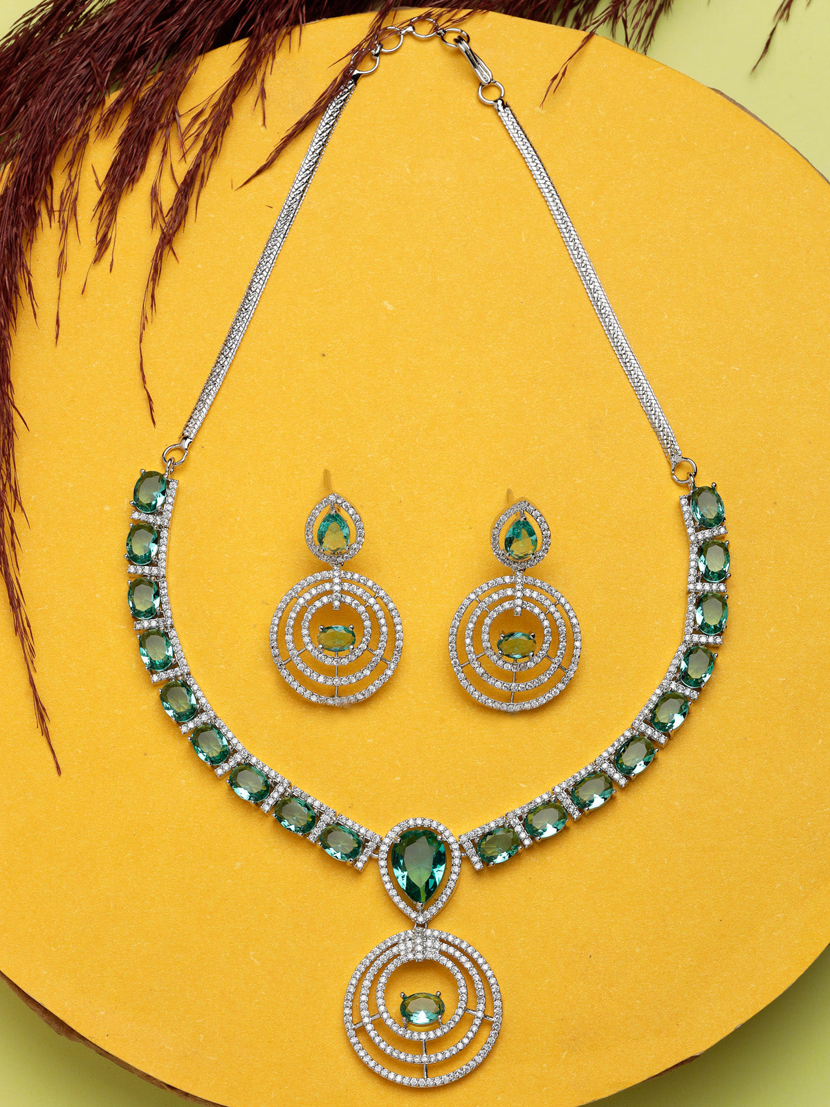 Sukkhi Sparkling Rhodium Plated Cubic Zirconia Diamond Studded Silver Green Choker Necklace Set with Dangler Earrings Jewellery Set for Women & Girls|Set of 1|NS106847