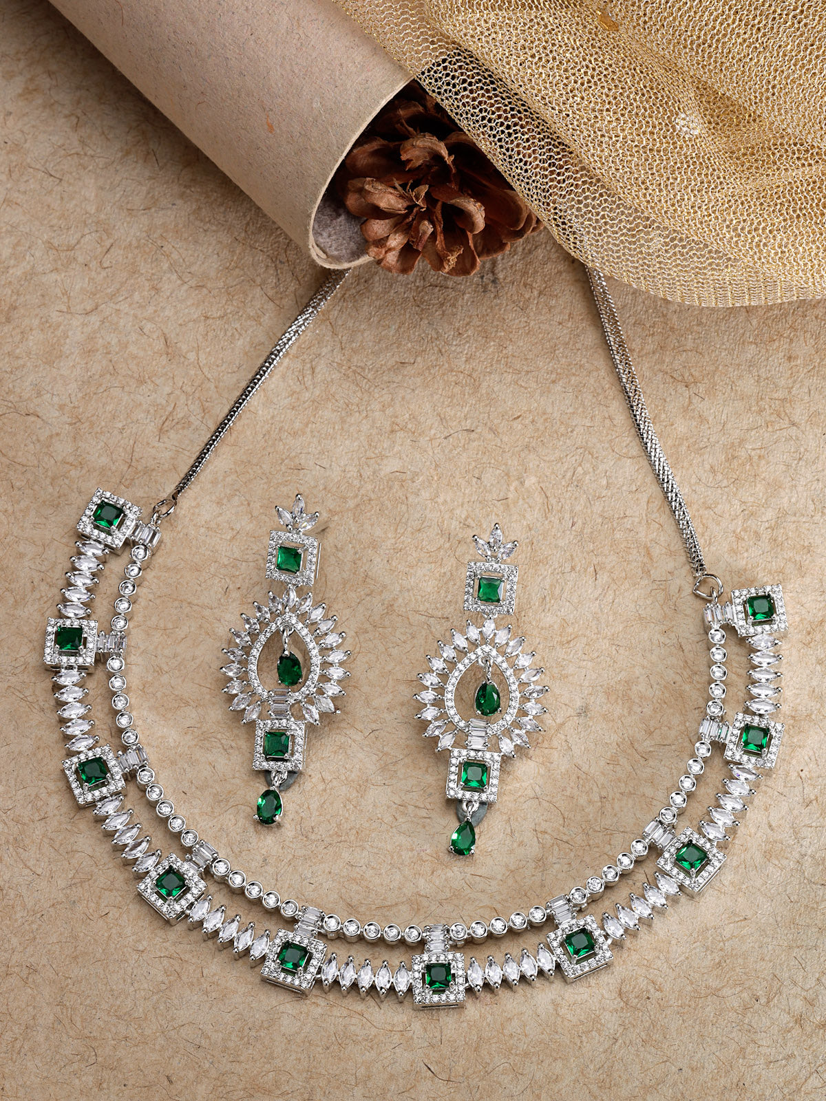Sukkhi Unique Rhodium Plated Cubic Zirconia Diamond Studded Silver Emerald Green Choker Necklace Set with Dangler Earrings Jewellery Set for Women & Girls|Set of 1|NS106848