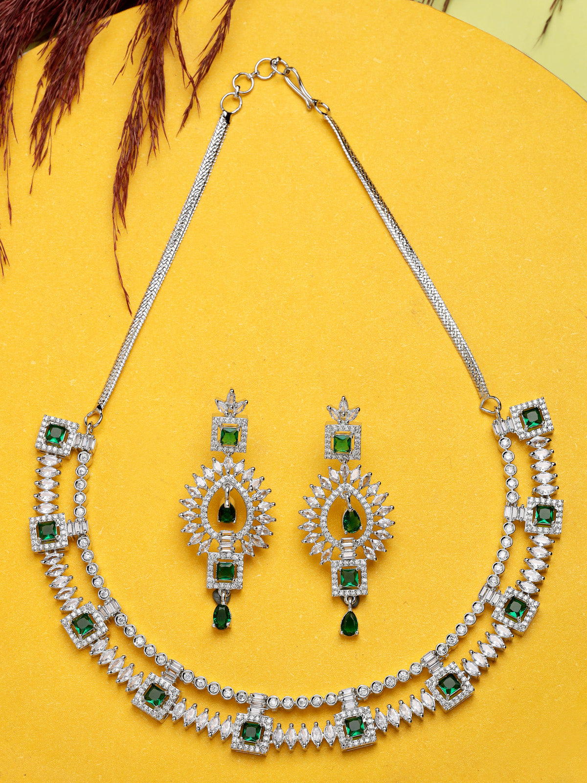 Sukkhi Unique Rhodium Plated Cubic Zirconia Diamond Studded Silver Emerald Green Choker Necklace Set with Dangler Earrings Jewellery Set for Women & Girls|Set of 1|NS106848