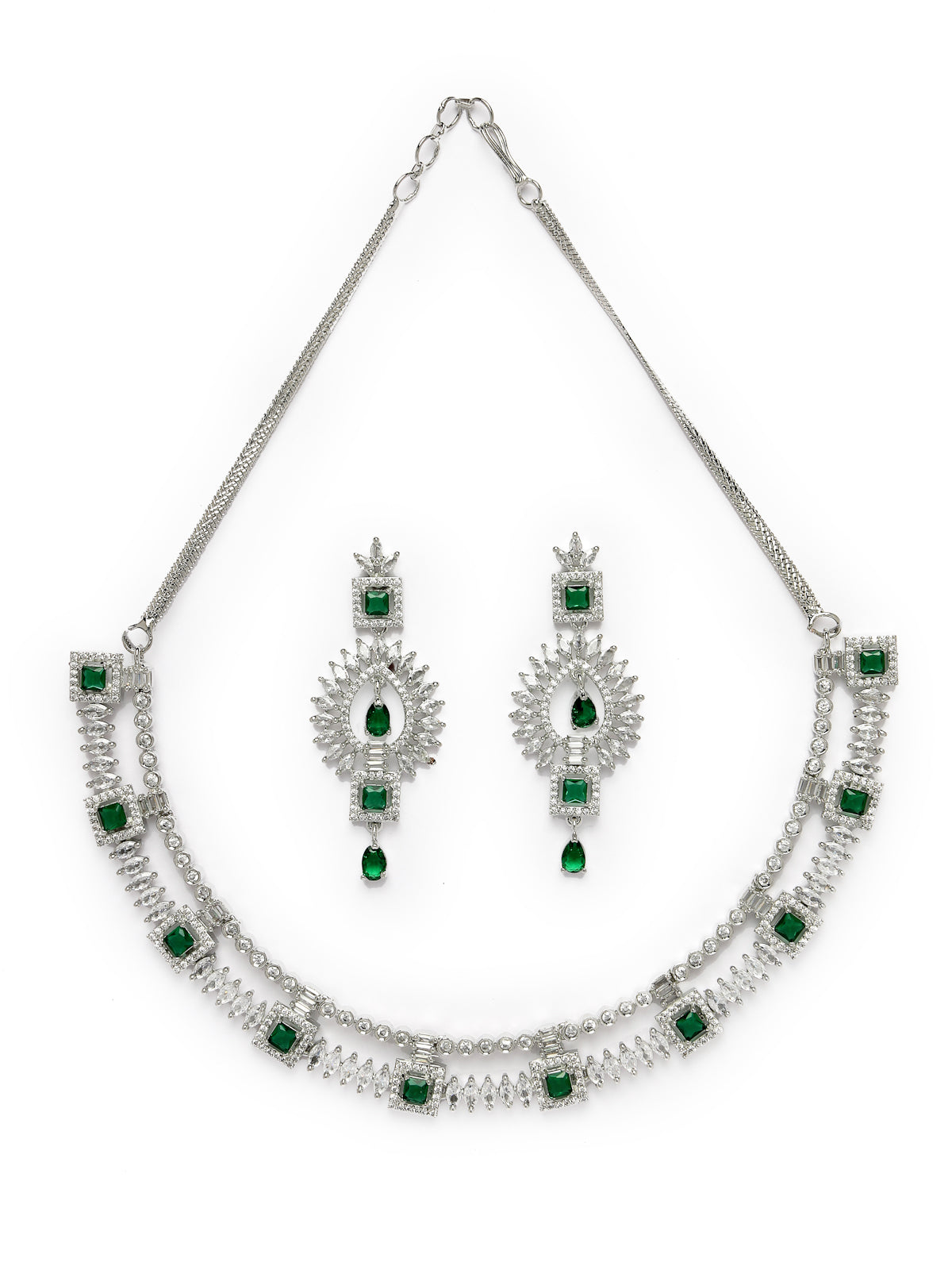 Sukkhi Unique Rhodium Plated Cubic Zirconia Diamond Studded Silver Emerald Green Choker Necklace Set with Dangler Earrings Jewellery Set for Women & Girls|Set of 1|NS106848