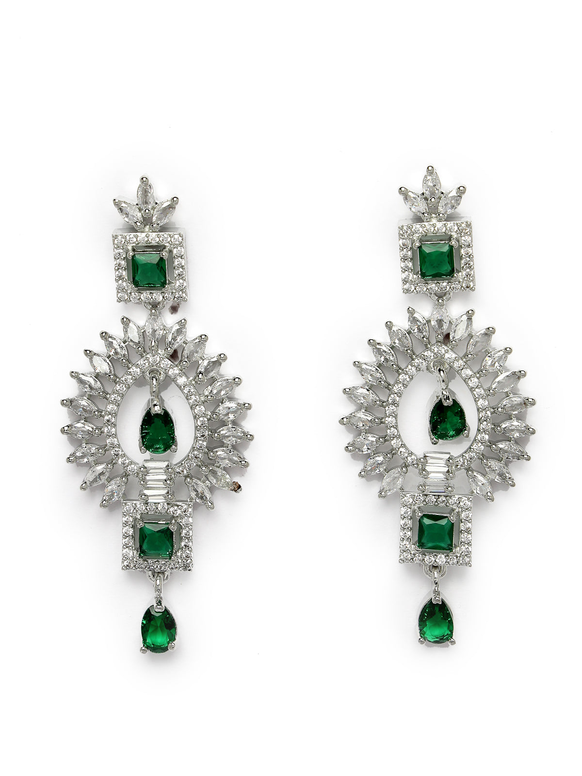 Sukkhi Unique Rhodium Plated Cubic Zirconia Diamond Studded Silver Emerald Green Choker Necklace Set with Dangler Earrings Jewellery Set for Women & Girls|Set of 1|NS106848