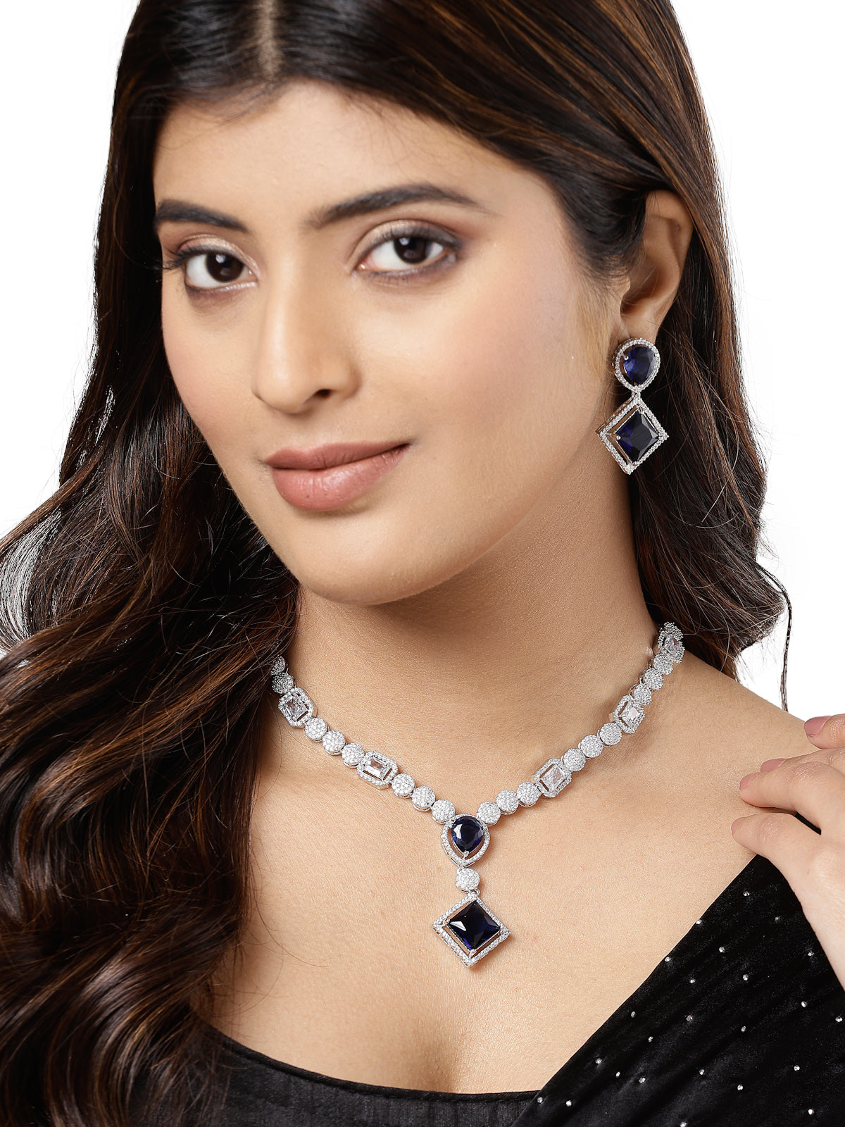 Sukkhi Ultra-Modern Rhodium Plated Cubic Zirconia Diamond Studded Silver Blue Choker Necklace Set with Dangler Earrings Jewellery Set for Women & Girls|Set of 1|NS106849
