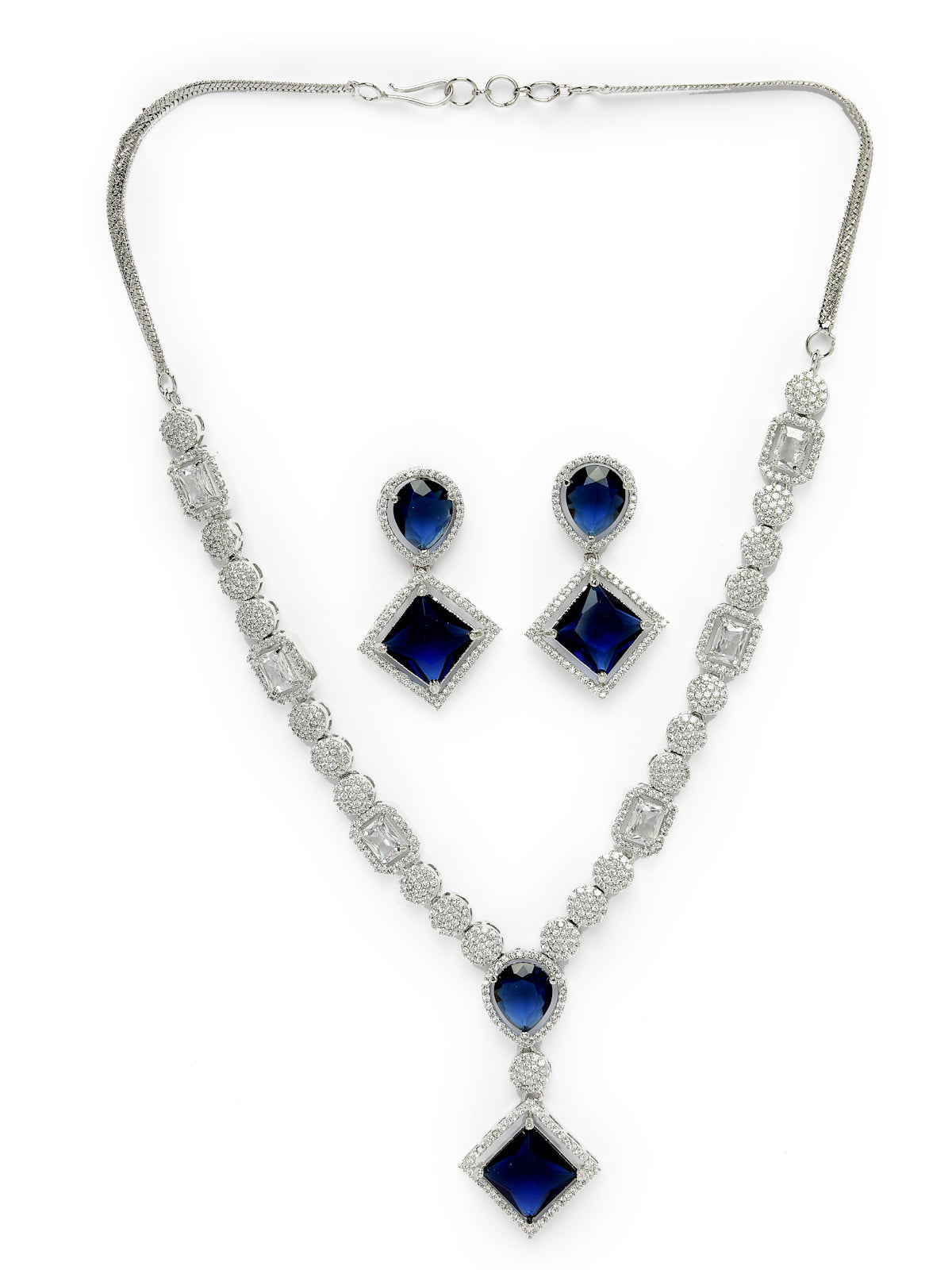 Sukkhi Ultra-Modern Rhodium Plated Cubic Zirconia Diamond Studded Silver Blue Choker Necklace Set with Dangler Earrings Jewellery Set for Women & Girls|Set of 1|NS106849