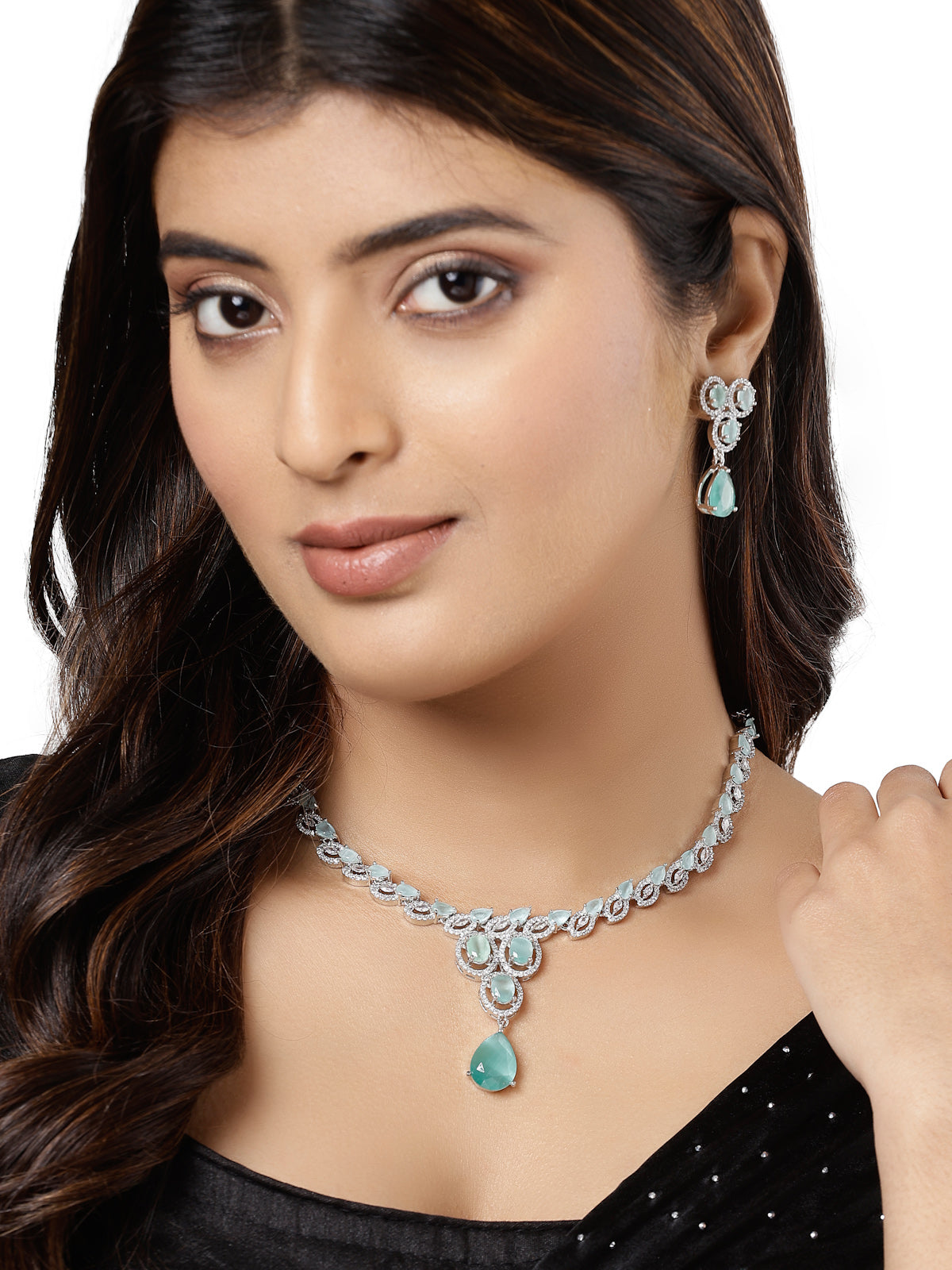 Sukkhi Contemporary Desing Rhodium Plated Cubic Zirconia Diamond Studded with Drop Style Silver Sky Blue Choker Necklace Set with Drop Earrings Jewellery Set for Women & Girls|Set of 1|NS106850