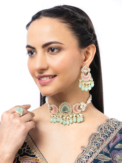 Sukkhi Stylish Multicolor Stone & Multistand Beaded Gold Plated Kundan Choker Necklace Set with Chandbali Earring Jewellery for Women|NS106972