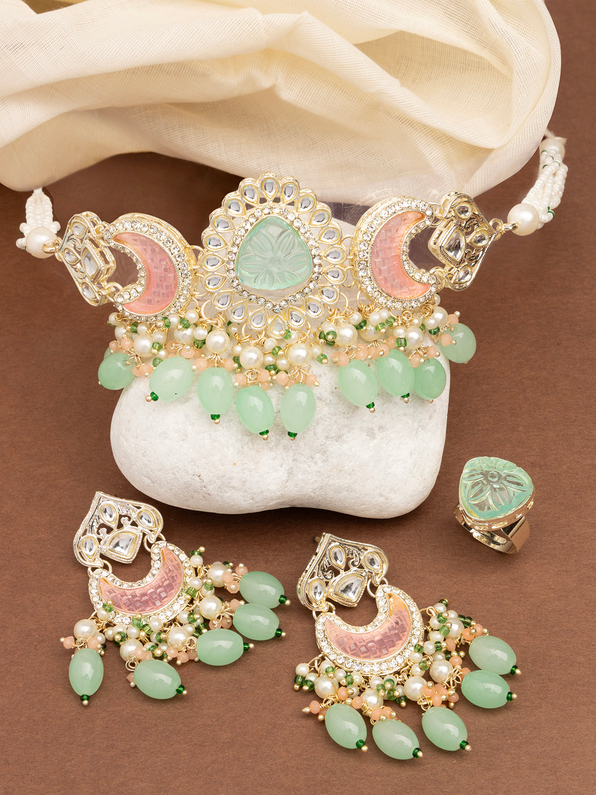 Sukkhi Stylish Multicolor Stone & Multistand Beaded Gold Plated Kundan Choker Necklace Set with Chandbali Earring Jewellery for Women|NS106972