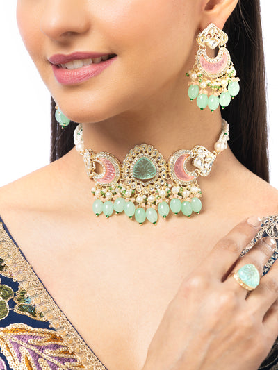 Sukkhi Stylish Multicolor Stone & Multistand Beaded Gold Plated Kundan Choker Necklace Set with Chandbali Earring Jewellery for Women|NS106972