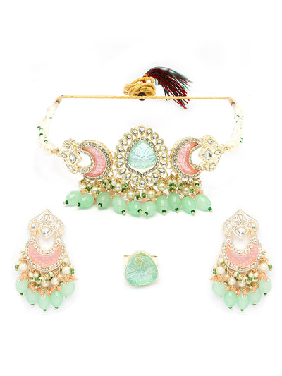 Sukkhi Stylish Multicolor Stone & Multistand Beaded Gold Plated Kundan Choker Necklace Set with Chandbali Earring Jewellery for Women|NS106972