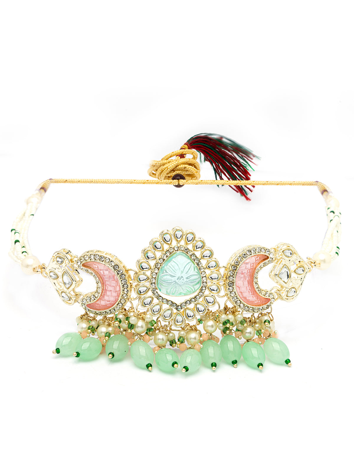 Sukkhi Stylish Multicolor Stone & Multistand Beaded Gold Plated Kundan Choker Necklace Set with Chandbali Earring Jewellery for Women|NS106972