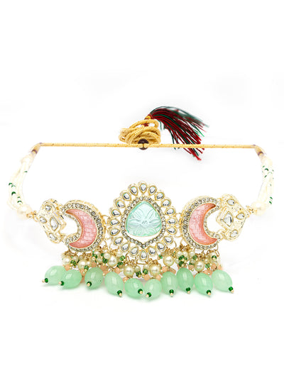 Sukkhi Stylish Multicolor Stone & Multistand Beaded Gold Plated Kundan Choker Necklace Set with Chandbali Earring Jewellery for Women|NS106972