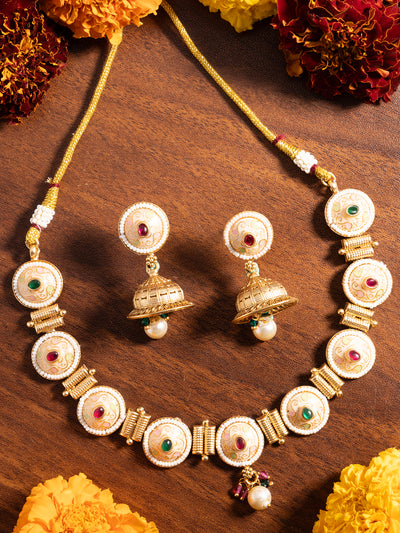 Sukkhi Eye-Catchy Gold Plated Pearl Studded Meenakari Work Choker Necklace Set with Jhumka/Jhumki Earring for Women|NS106973