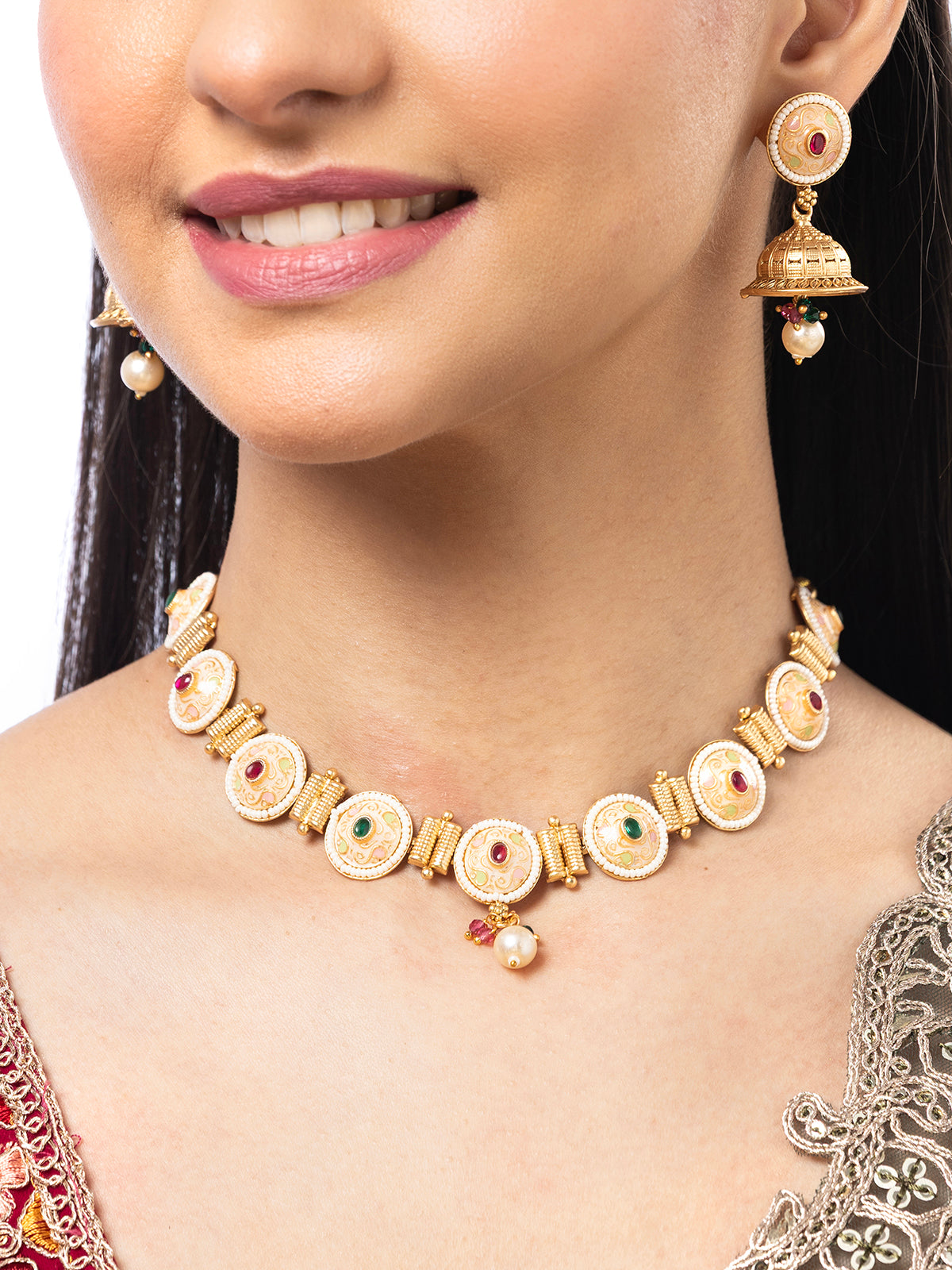 Sukkhi Eye-Catchy Gold Plated Pearl Studded Meenakari Work Choker Necklace Set with Jhumka/Jhumki Earring for Women|NS106973