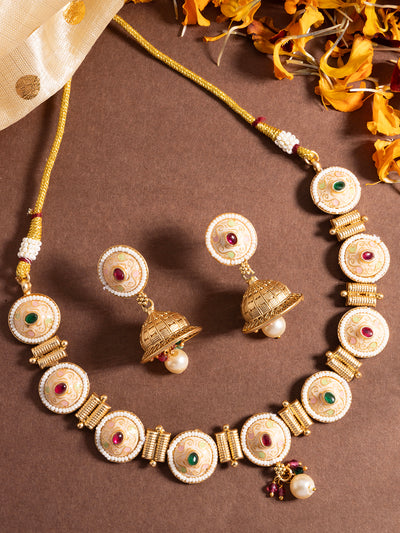 Sukkhi Eye-Catchy Gold Plated Pearl Studded Meenakari Work Choker Necklace Set with Jhumka/Jhumki Earring for Women|NS106973