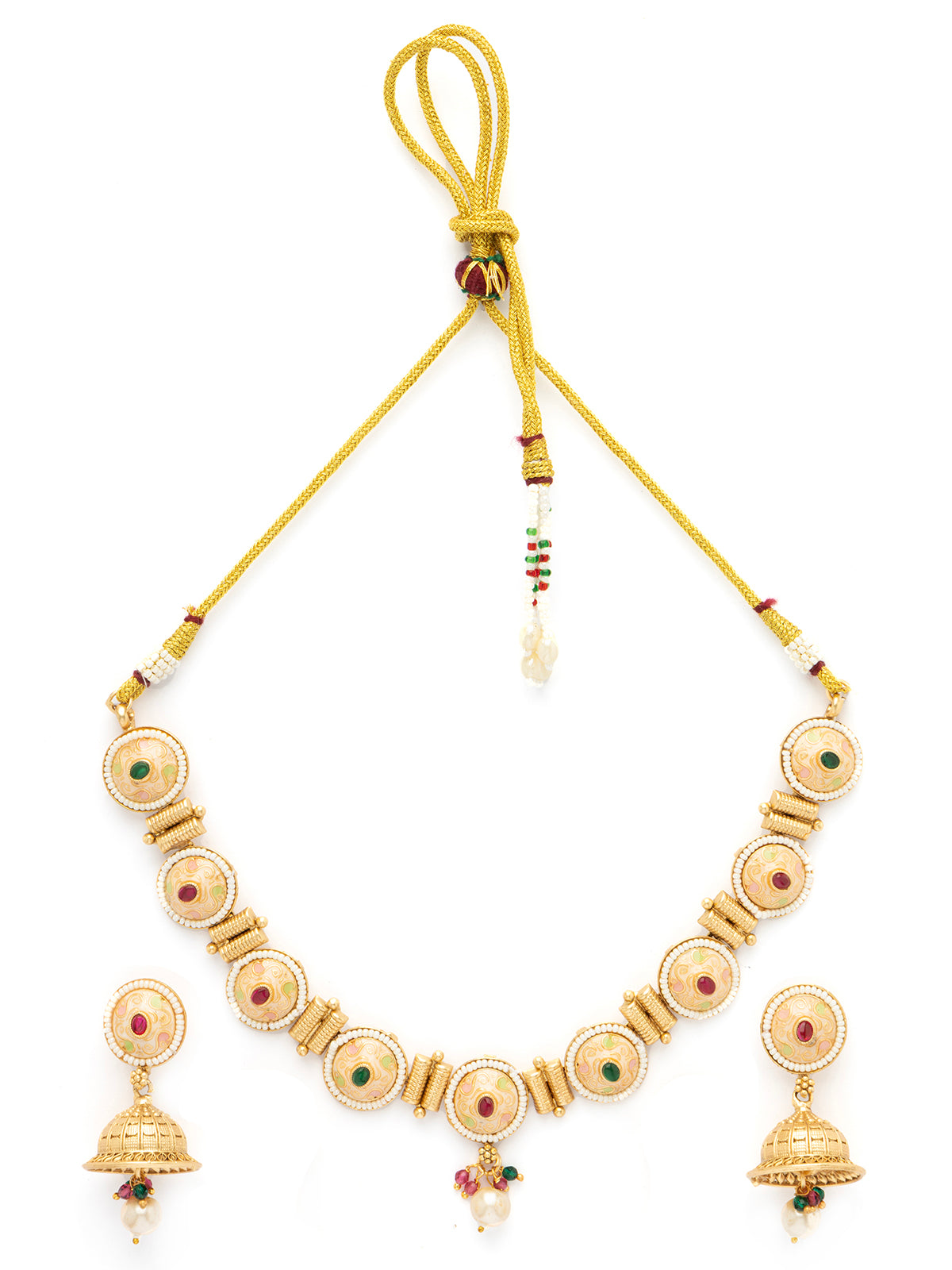 Sukkhi Eye-Catchy Gold Plated Pearl Studded Meenakari Work Choker Necklace Set with Jhumka/Jhumki Earring for Women|NS106973