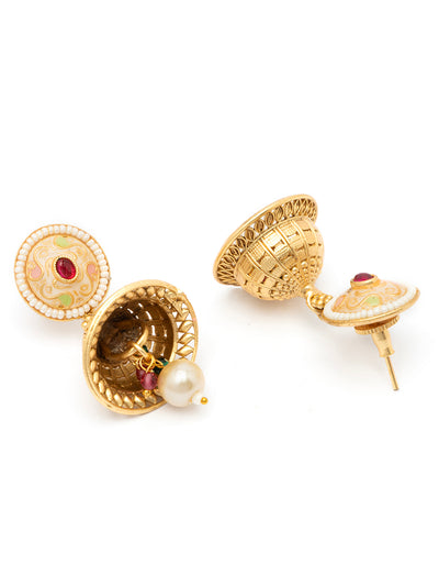 Sukkhi Eye-Catchy Gold Plated Pearl Studded Meenakari Work Choker Necklace Set with Jhumka/Jhumki Earring for Women|NS106973