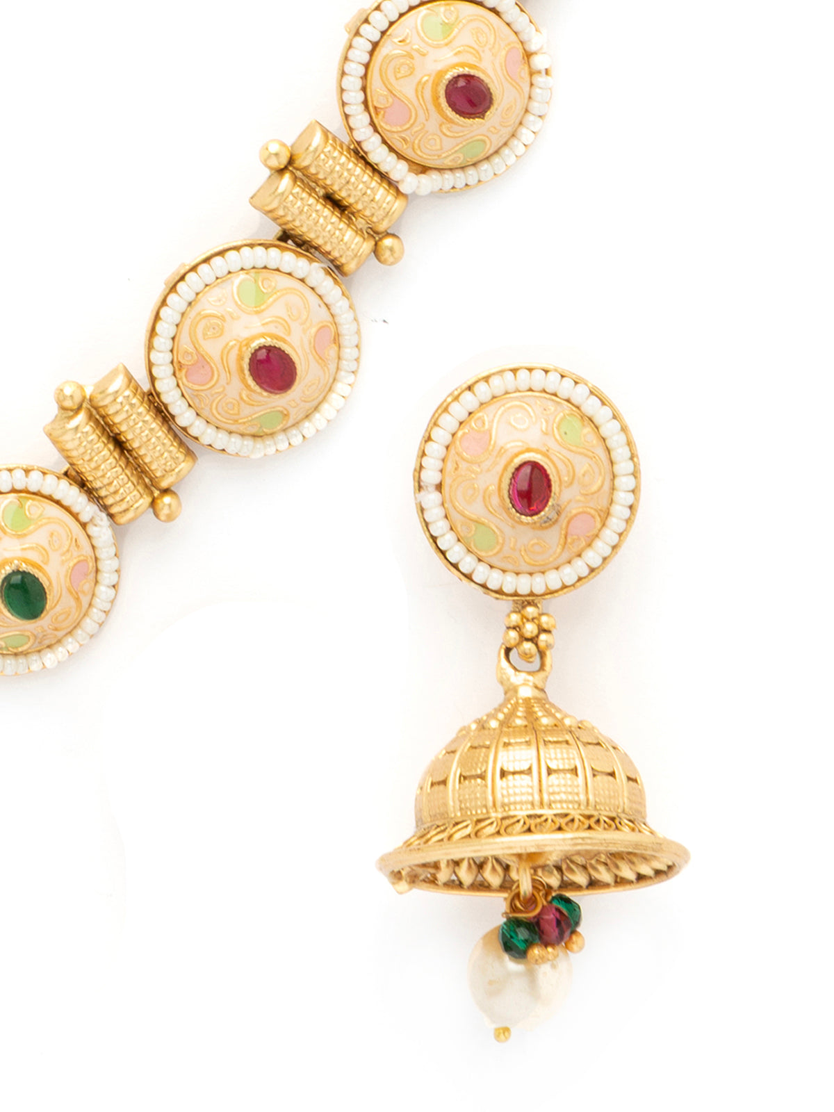 Sukkhi Eye-Catchy Gold Plated Pearl Studded Meenakari Work Choker Necklace Set with Jhumka/Jhumki Earring for Women|NS106973