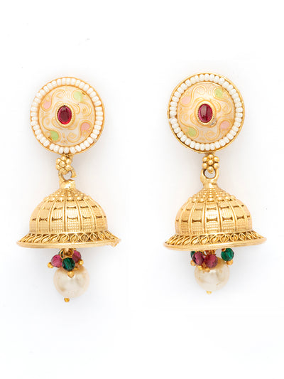 Sukkhi Eye-Catchy Gold Plated Pearl Studded Meenakari Work Choker Necklace Set with Jhumka/Jhumki Earring for Women|NS106973