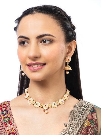 Sukkhi Eye-Catchy Gold Plated Pearl Studded Meenakari Work Choker Necklace Set with Jhumka/Jhumki Earring for Women|NS106973
