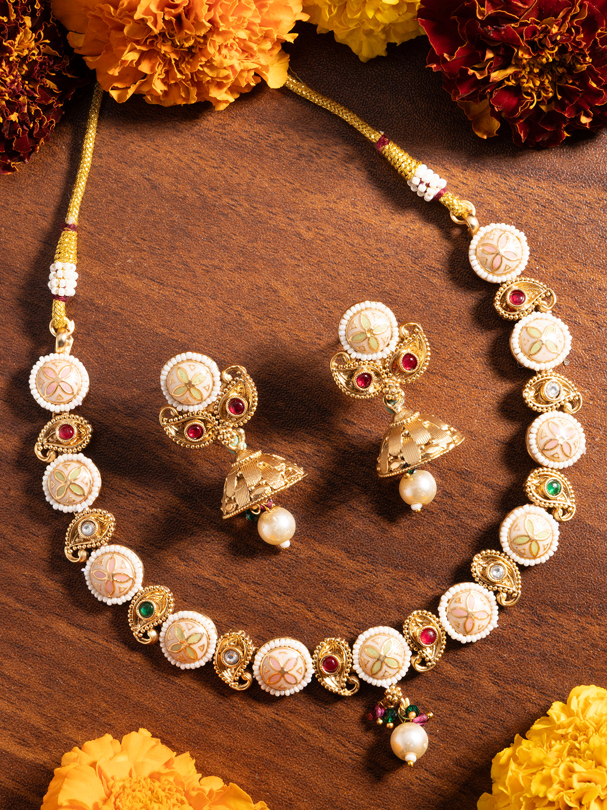 Sukkhi Attractive 18k Gold Plated Pearl Studded Meenakari Work Choker Necklace Set with Jhumka/Jhumki Earring for Women|NS106974