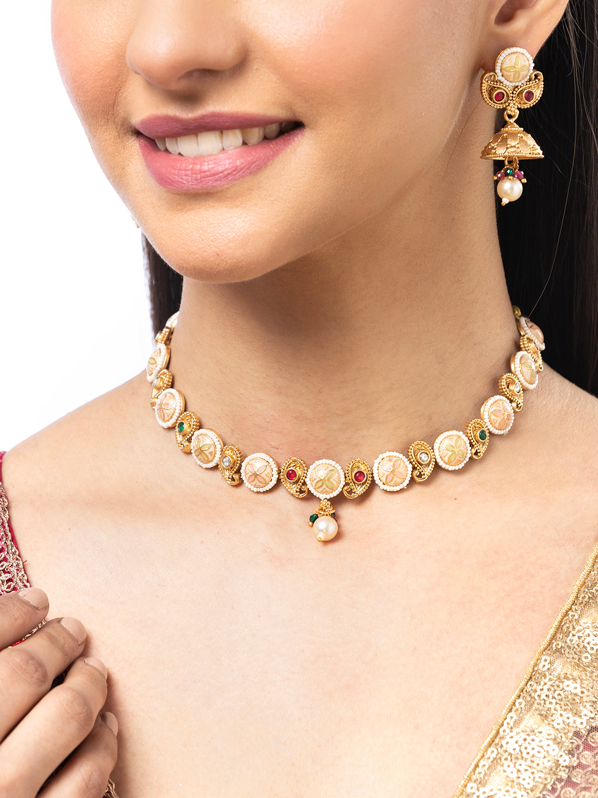 Sukkhi Attractive 18k Gold Plated Pearl Studded Meenakari Work Choker Necklace Set with Jhumka/Jhumki Earring for Women|NS106974