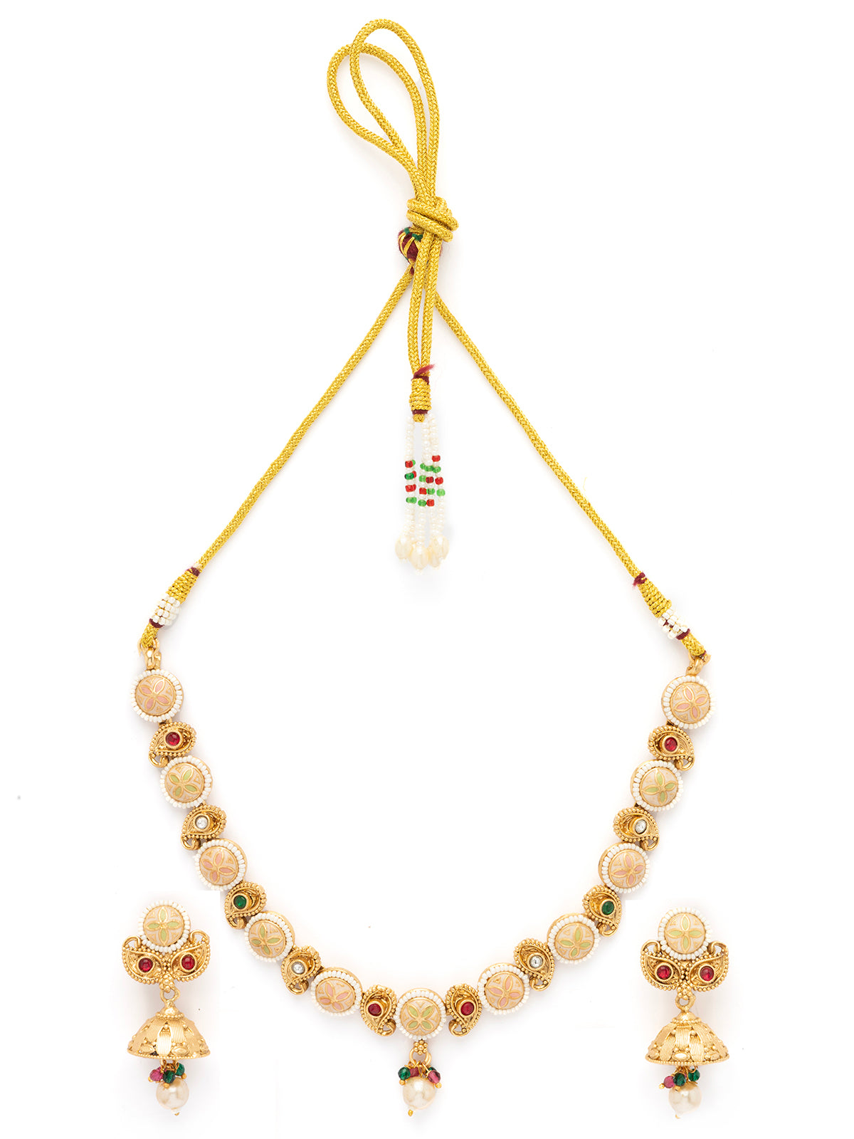 Sukkhi Attractive 18k Gold Plated Pearl Studded Meenakari Work Choker Necklace Set with Jhumka/Jhumki Earring for Women|NS106974