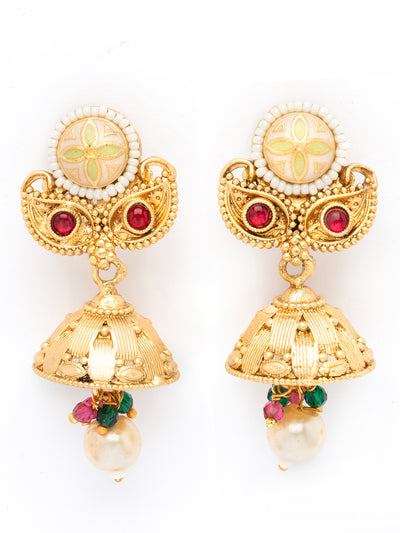 Sukkhi Attractive 18k Gold Plated Pearl Studded Meenakari Work Choker Necklace Set with Jhumka/Jhumki Earring for Women|NS106974