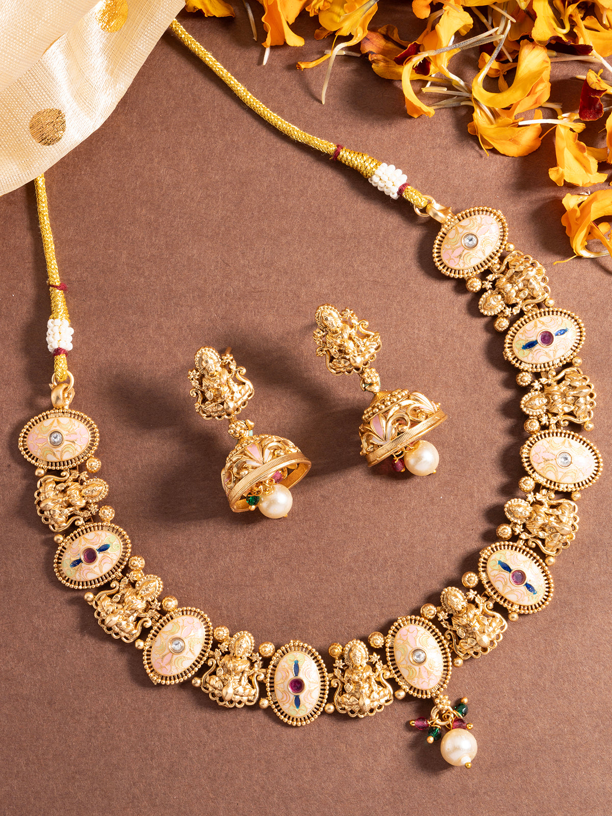 Sukkhi Traditional Gold Plated Laxmi Design with Meenakri Work Choker Necklace with Jhumka/Jhumki Earring Jewellery for Women|NS106976