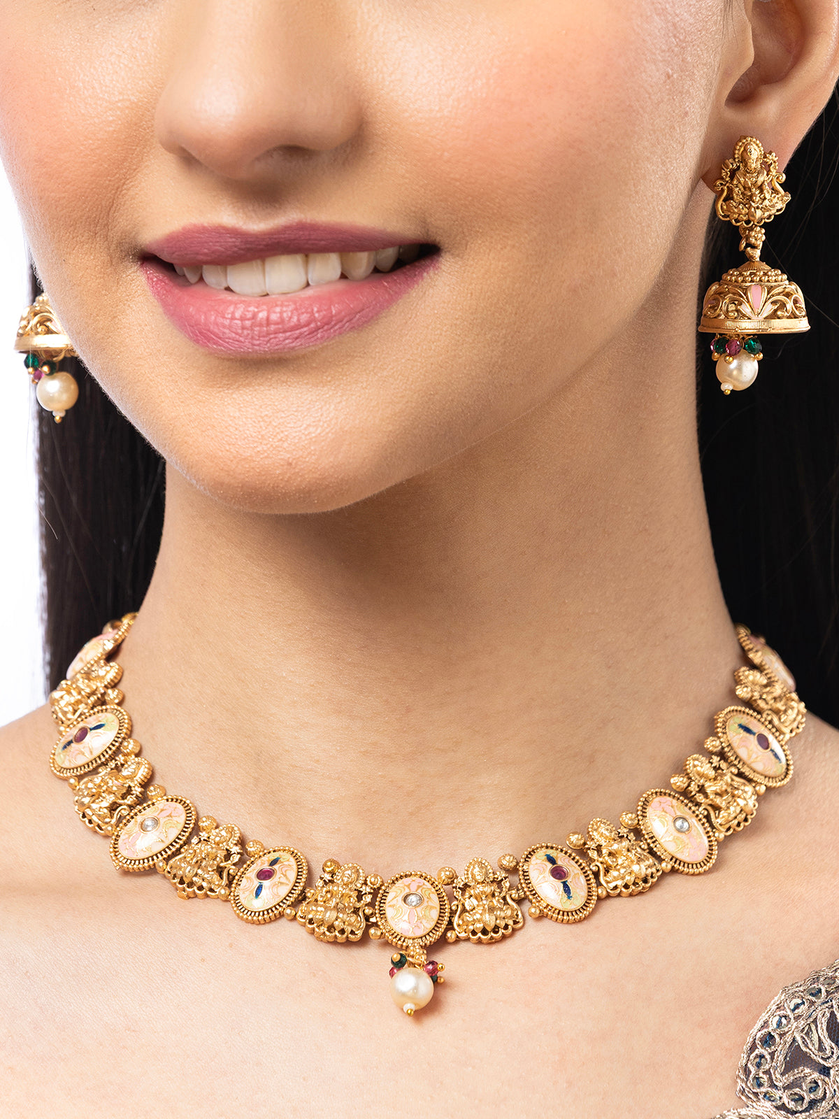 Sukkhi Traditional Gold Plated Laxmi Design with Meenakri Work Choker Necklace with Jhumka/Jhumki Earring Jewellery for Women|NS106976