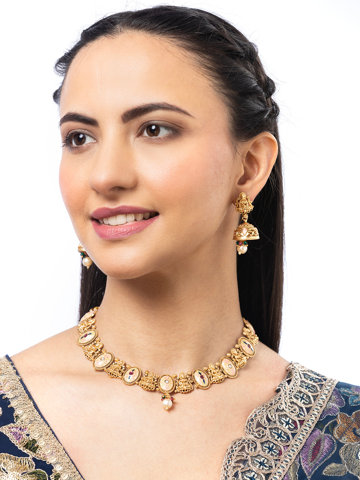 Sukkhi Traditional Gold Plated Laxmi Design with Meenakri Work Choker Necklace with Jhumka/Jhumki Earring Jewellery for Women|NS106976