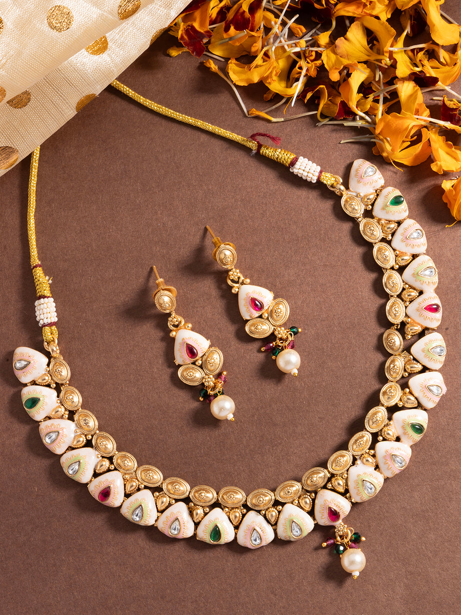 Sukkhi Classic-Inspired Kundan Studded with Meenark Work Gold Plated Choker Necklace With Dangle Earring Jewellery For Women|NS106977